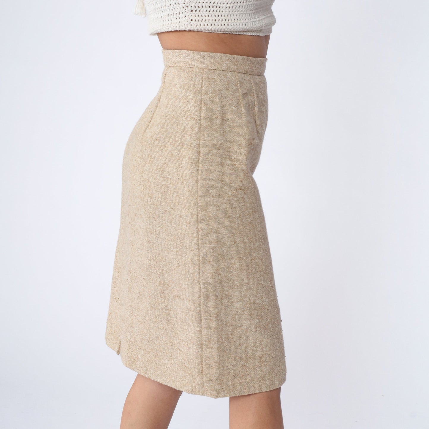 80s Beige Tweed Pencil Skirt Wool High Waist Midi Small