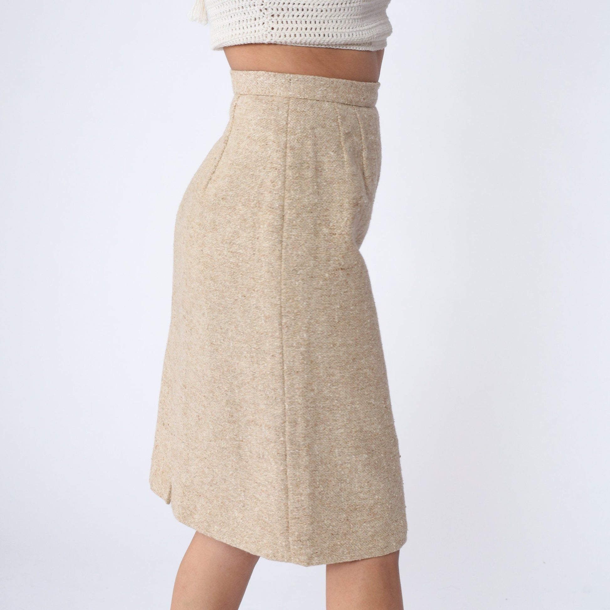 80s Beige Tweed Pencil Skirt Wool High Waist Midi Small