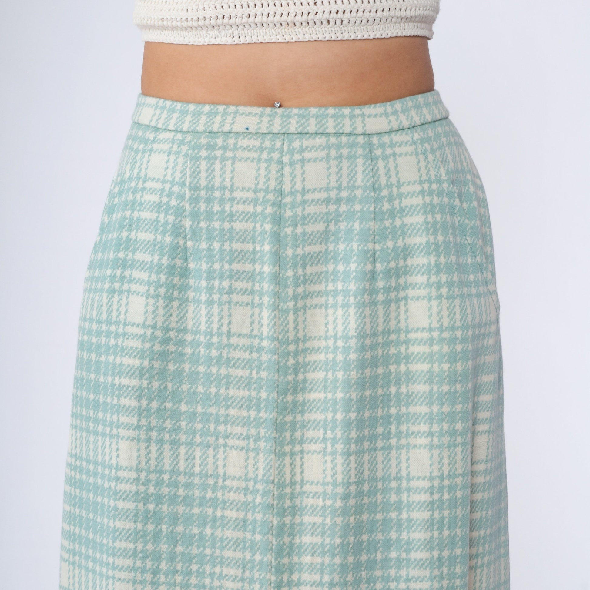 70s Mint Cream Plaid Maxi Skirt High Waisted Tartan Long Skirt Medium
