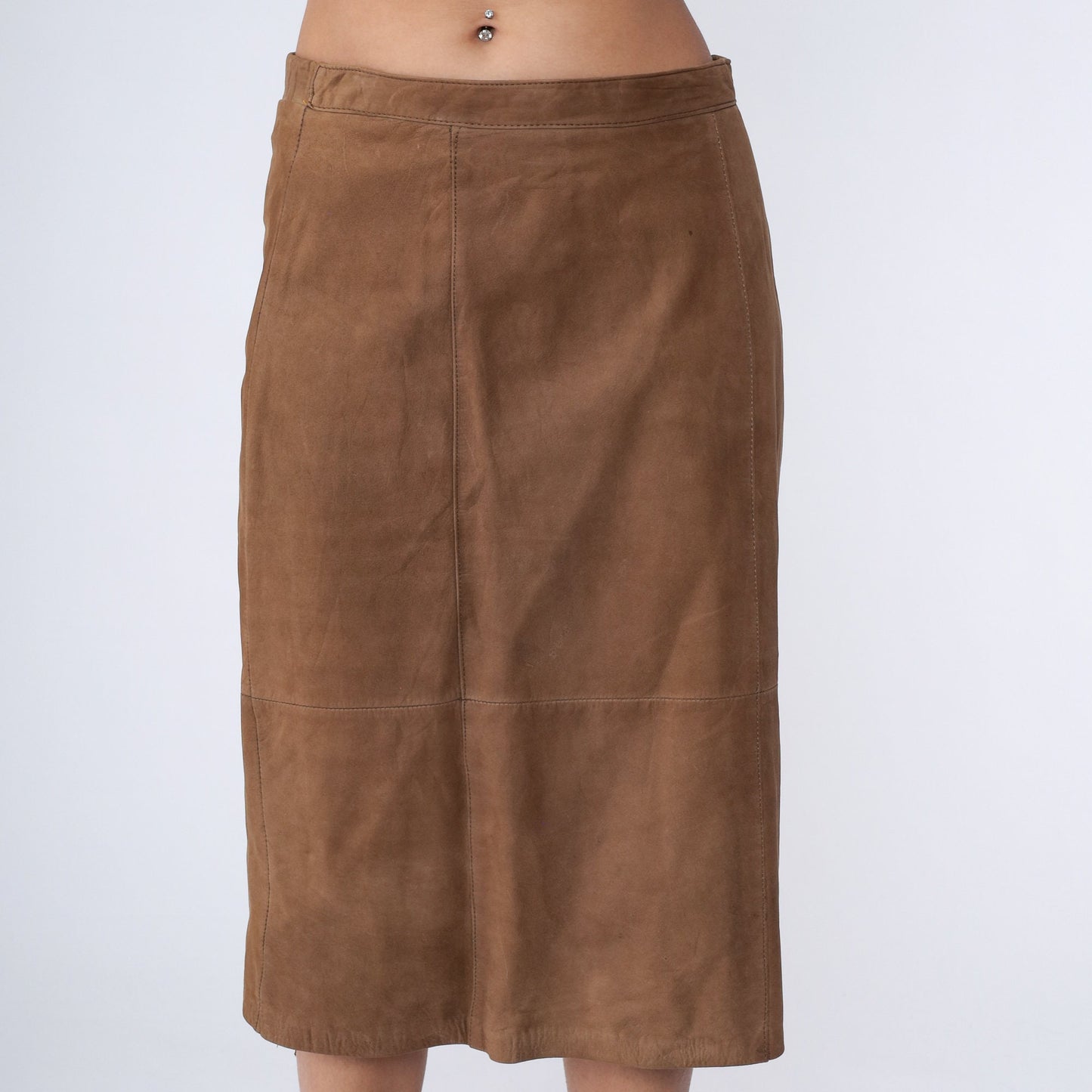 80s Brown Leather Pencil Skirt High Waist Kick Pleat Knee Length Medium