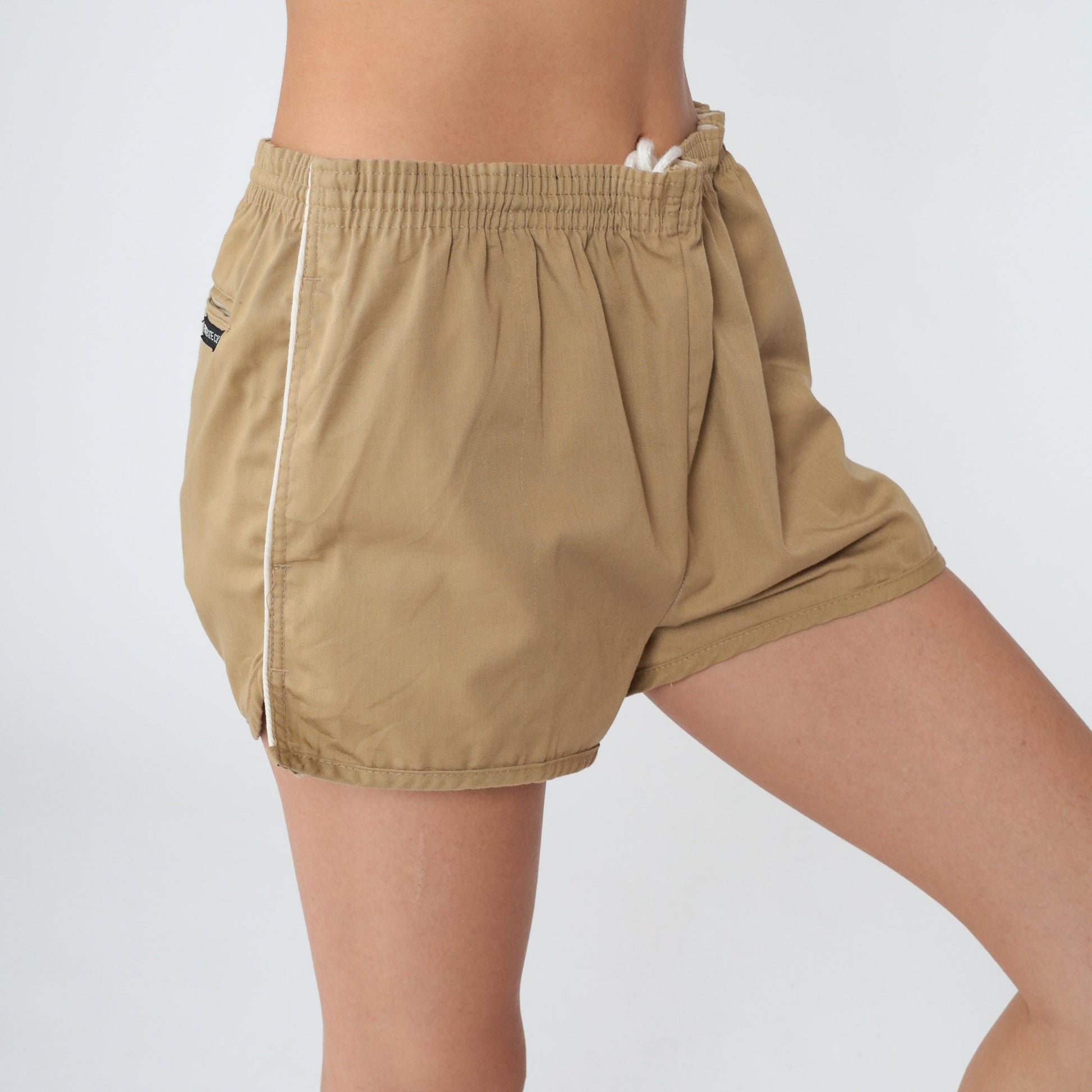 80s Tan Running Shorts White Ringer Trim Mid Rise Cotton Medium