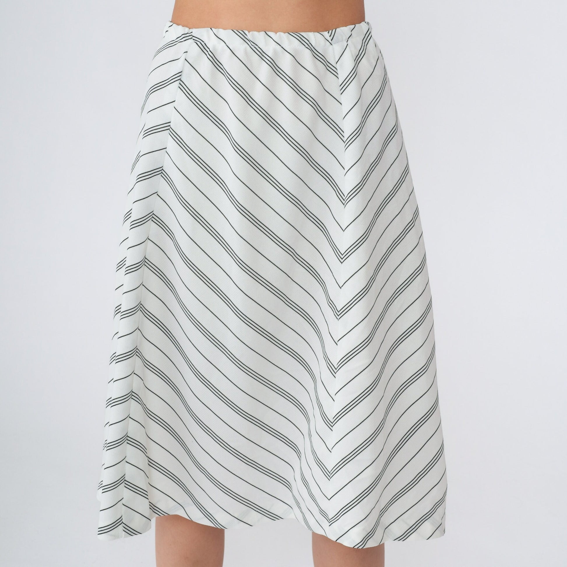 70s Chevron Striped Midi Skirt White Black High Waist A-Line Extra Small