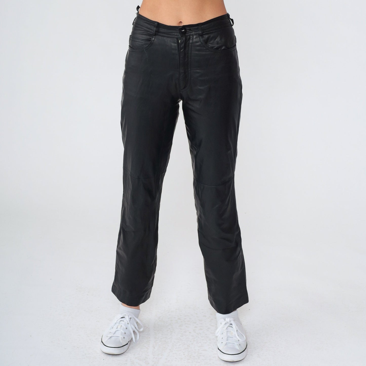 80s Black Leather Pants Straight Leg Ankle Punk Trousers Extra Small