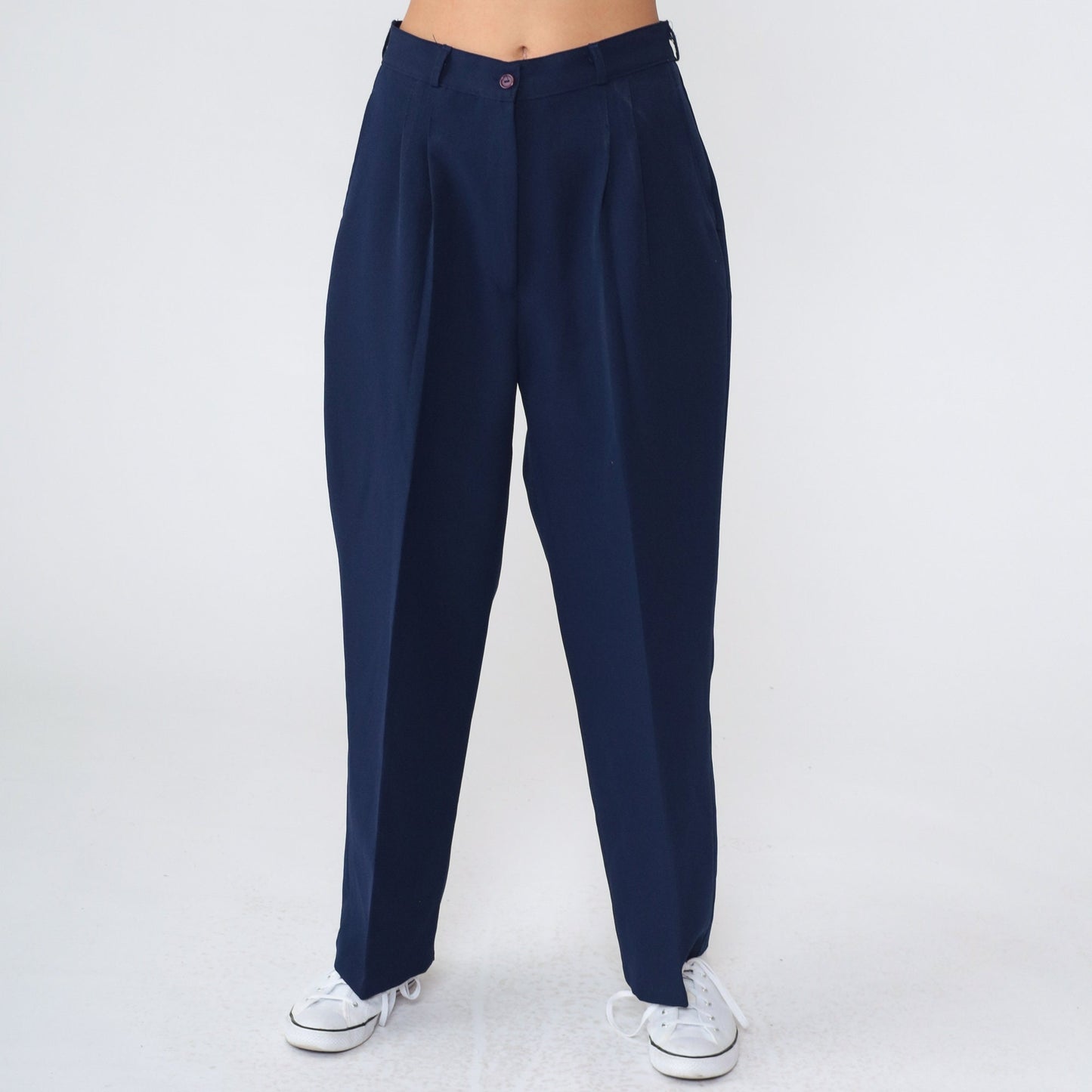 70s Navy Pleated High-Waist Tapered Trousers Small