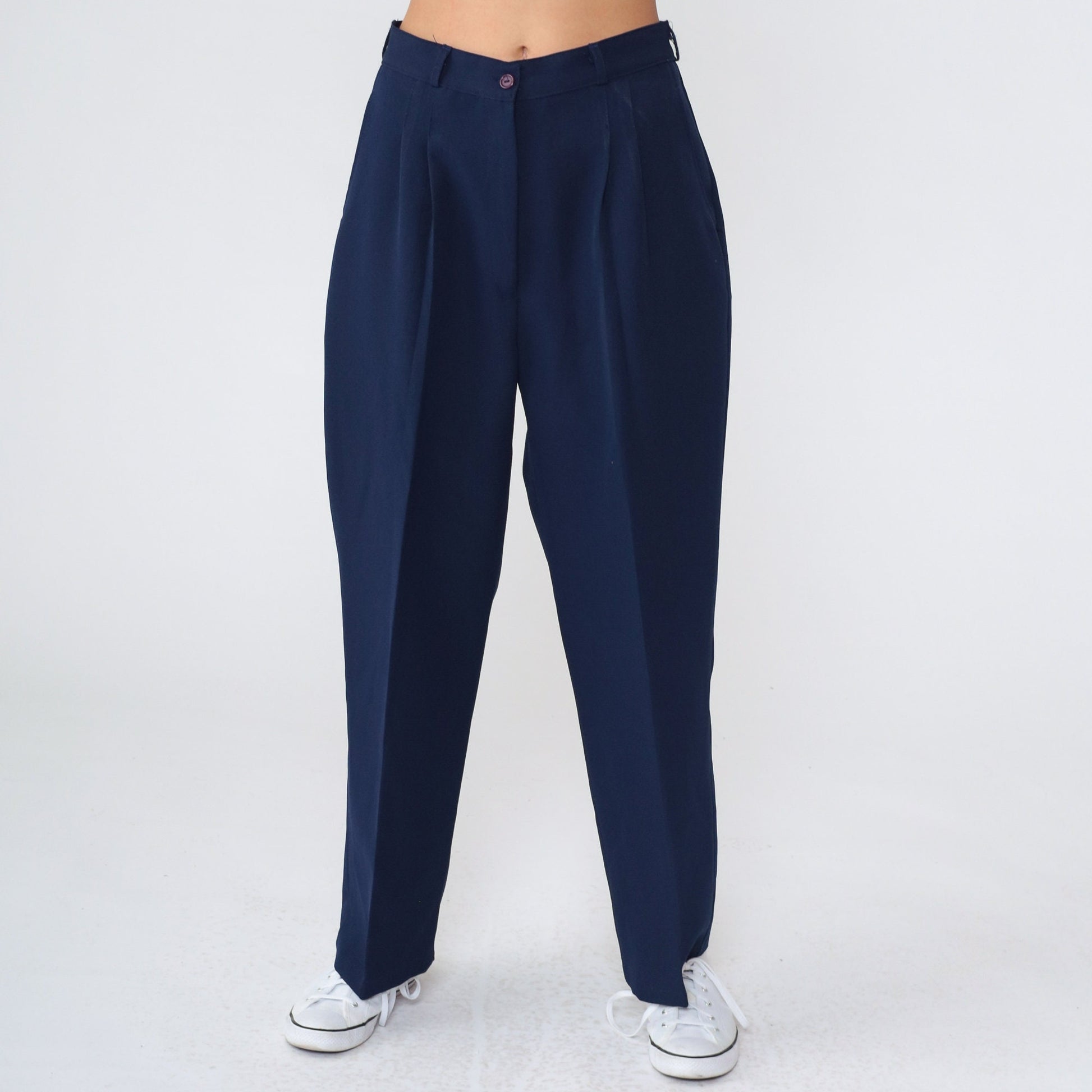 70s Navy Pleated High-Waist Tapered Trousers Small