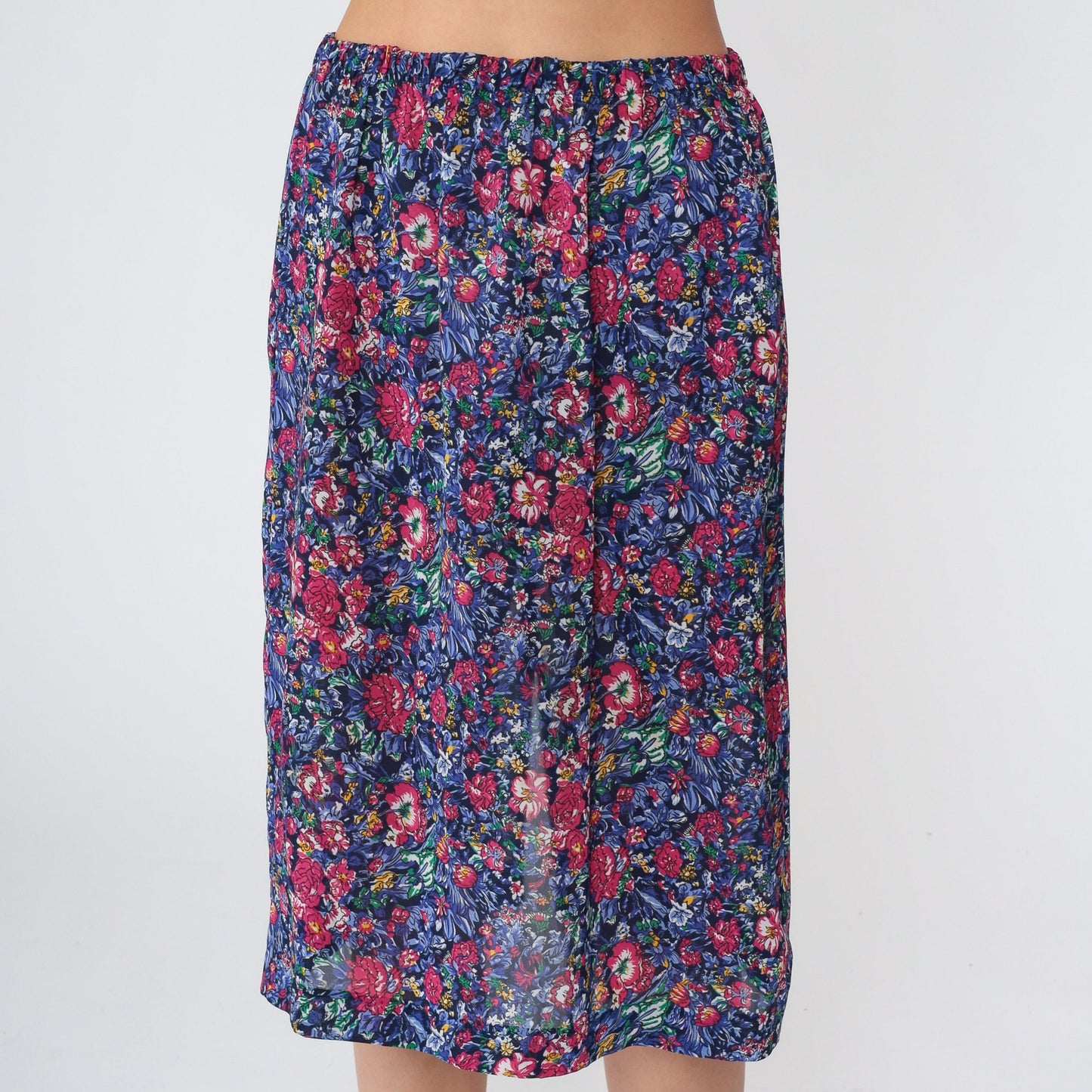 80s Floral Midi Pencil Skirt High Waisted Navy Pink Flower Print Small