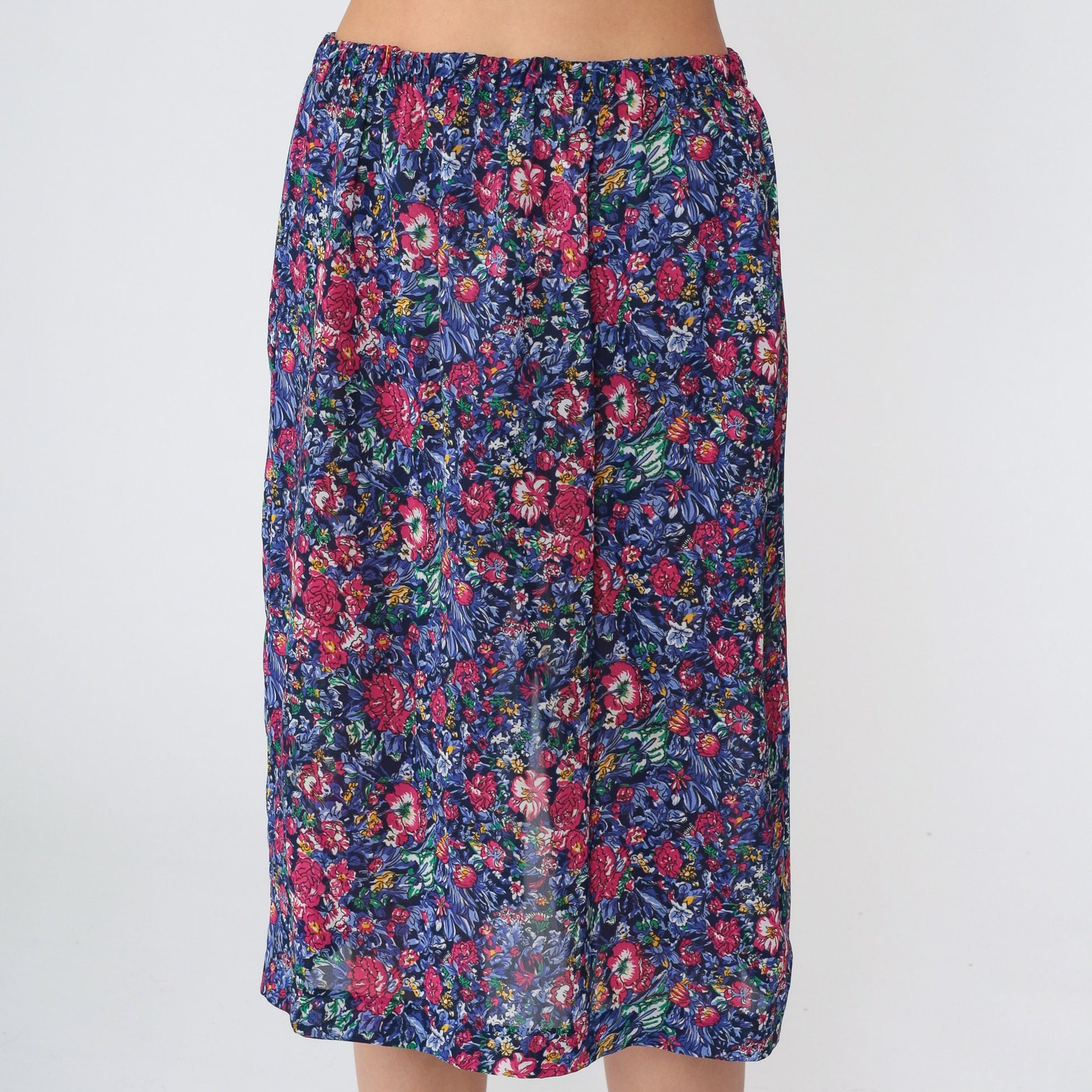 80s Floral Midi Pencil Skirt High Waisted Navy Pink Flower Print Small