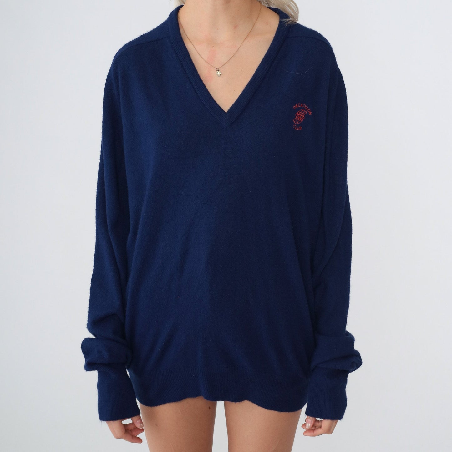 80s Izod Decathlon Club Navy V-Neck Sweater Knit Jumper Large L