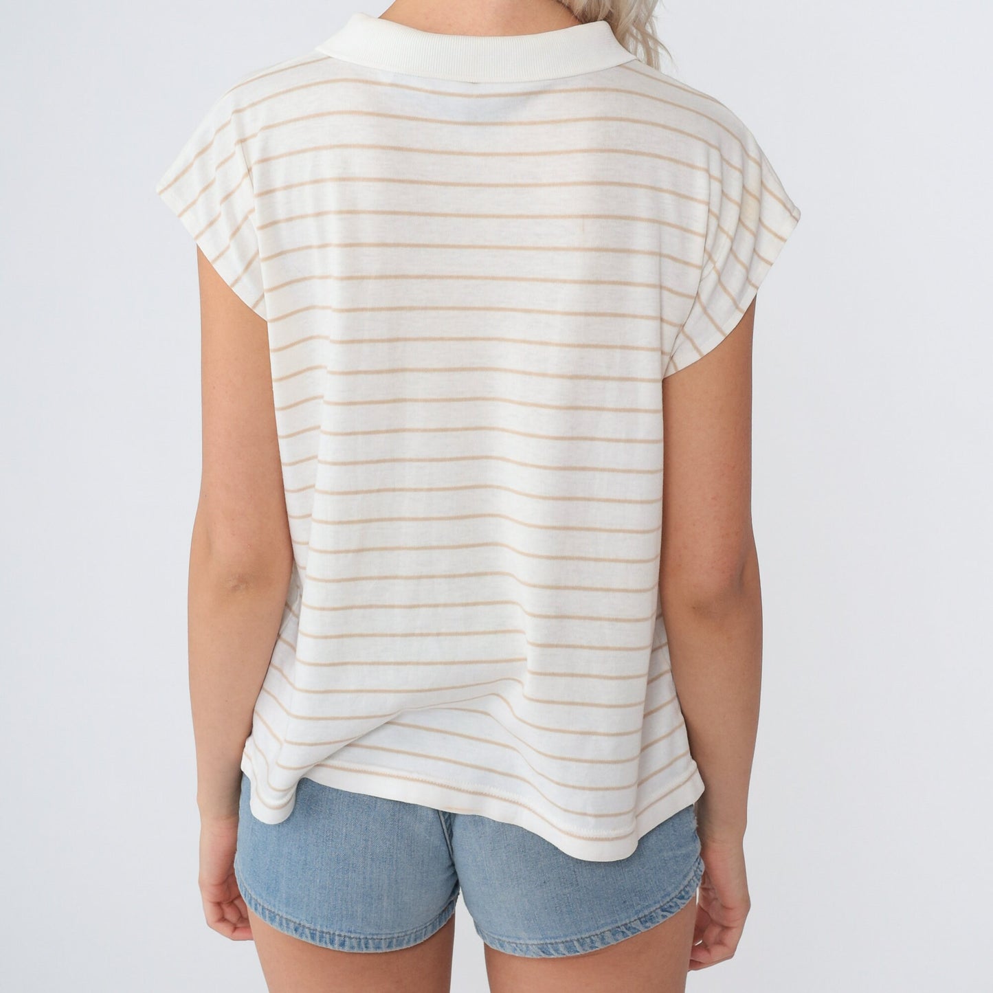 90s Striped Collared Blouse White Tan Cap Sleeve Preppy Top Medium
