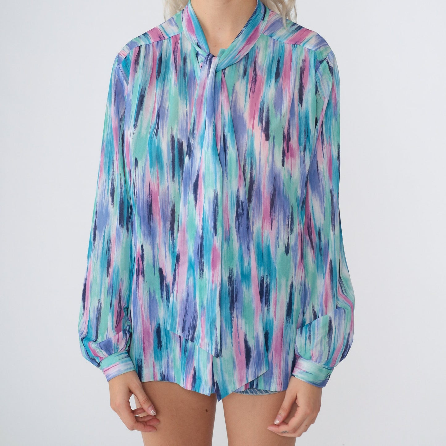70s Ascot Blouse Brushstroke Print Neck Tie Long Sleeve Blue Purple Pink Large