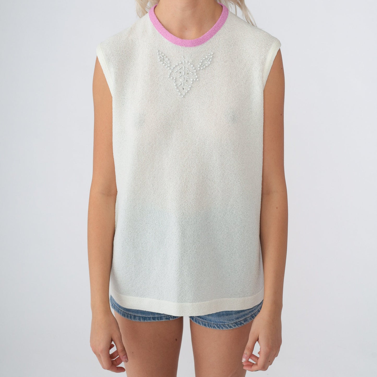 70s Pearl Rhinestone Beaded Tank Top White Knit Sleeveless Medium