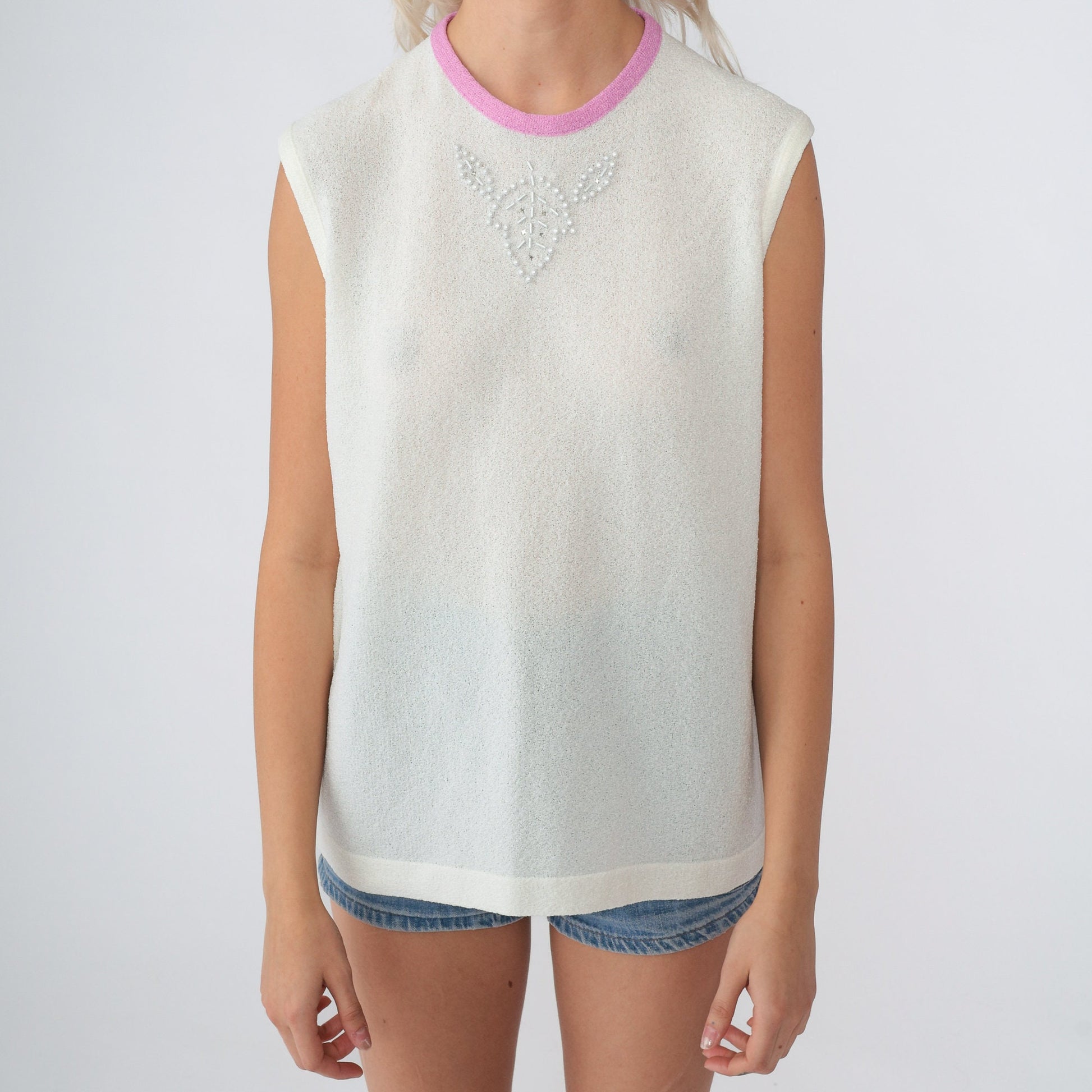 70s Pearl Rhinestone Beaded Tank Top White Knit Sleeveless Medium