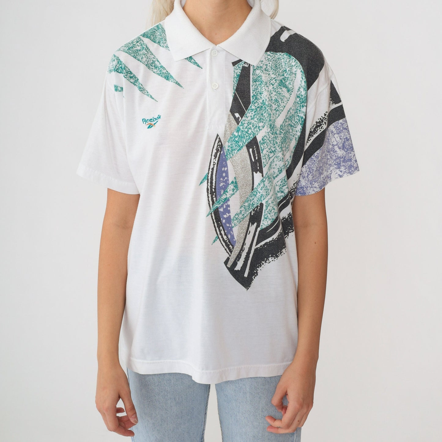 90s Reebok Polo Shirt Abstract Geometric Print White Collared Medium