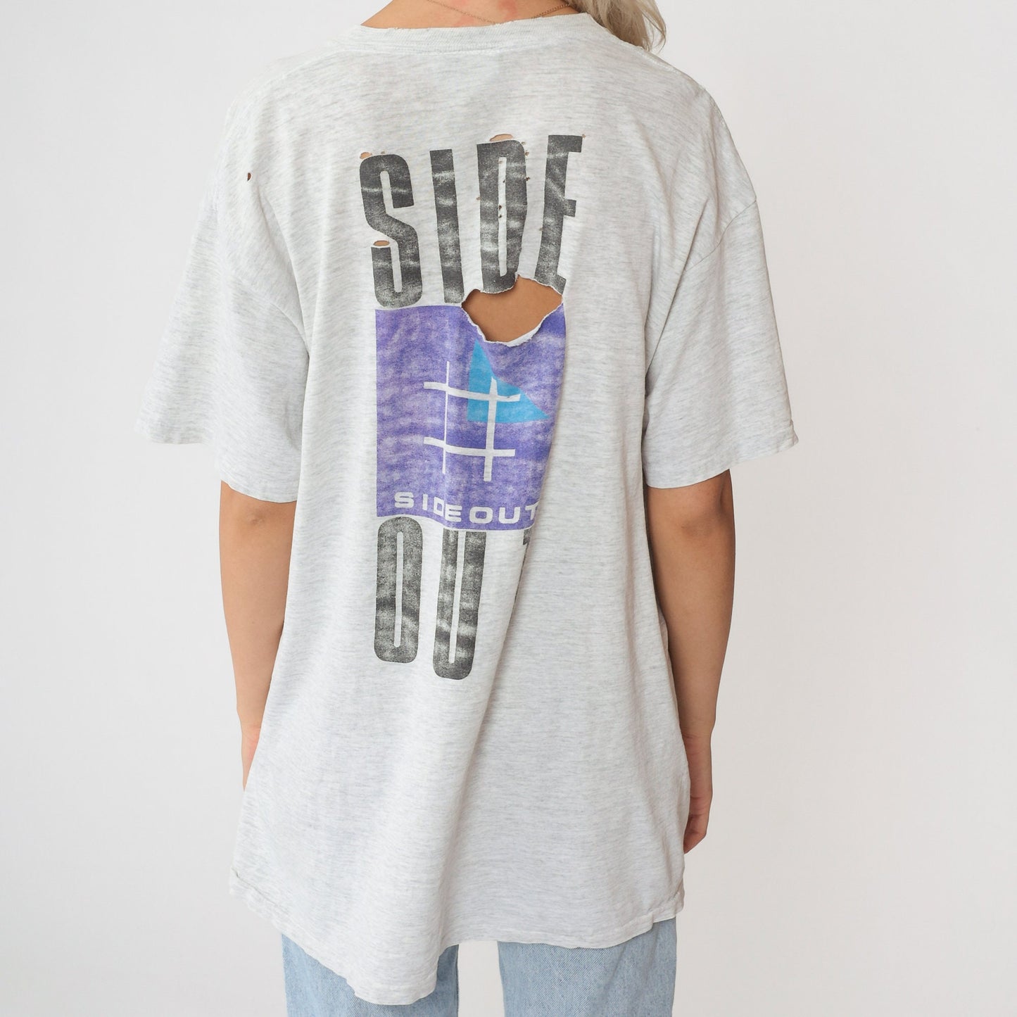 90s Sideout Volleyball Graphic T-Shirt Heather Grey Distressed Extra Large XL