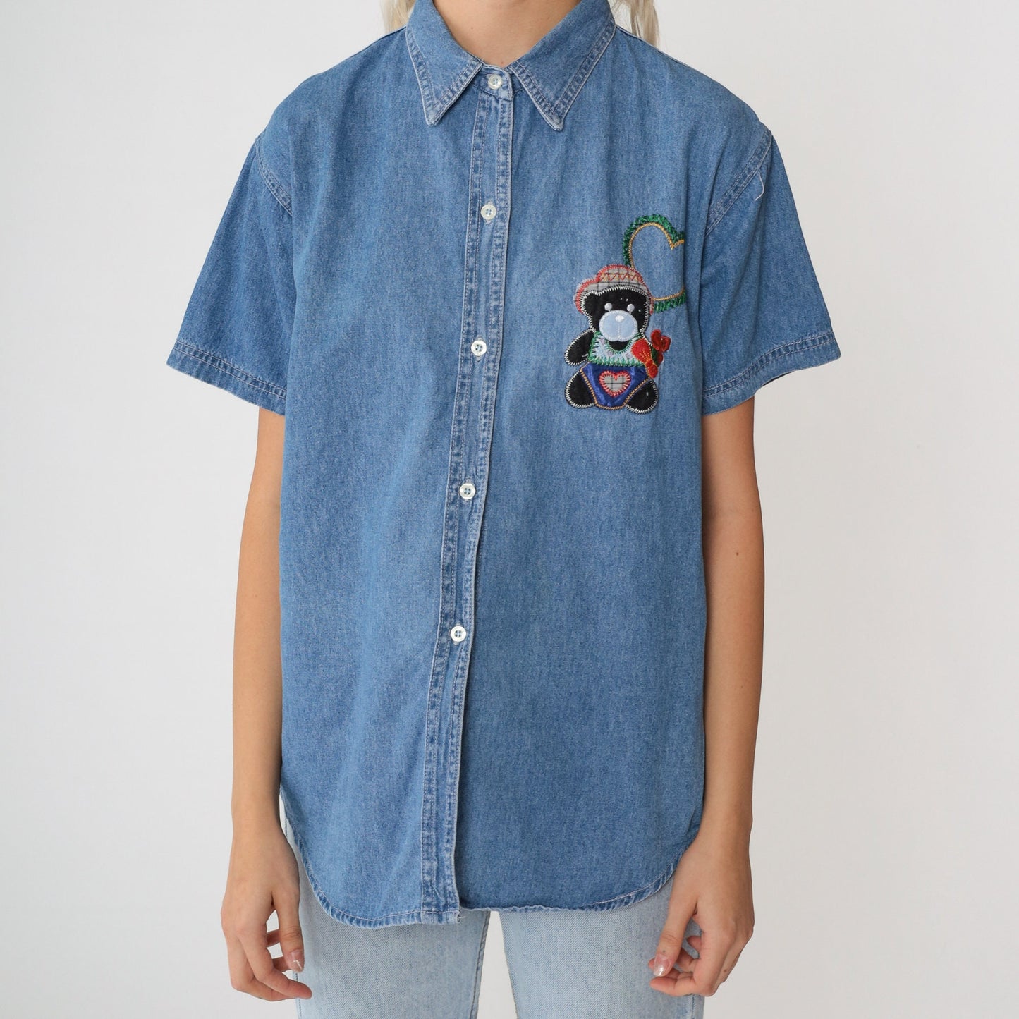 90s Cactus Clothing Denim Button Down Teddy Bear Heart Embroidered Shirt Medium