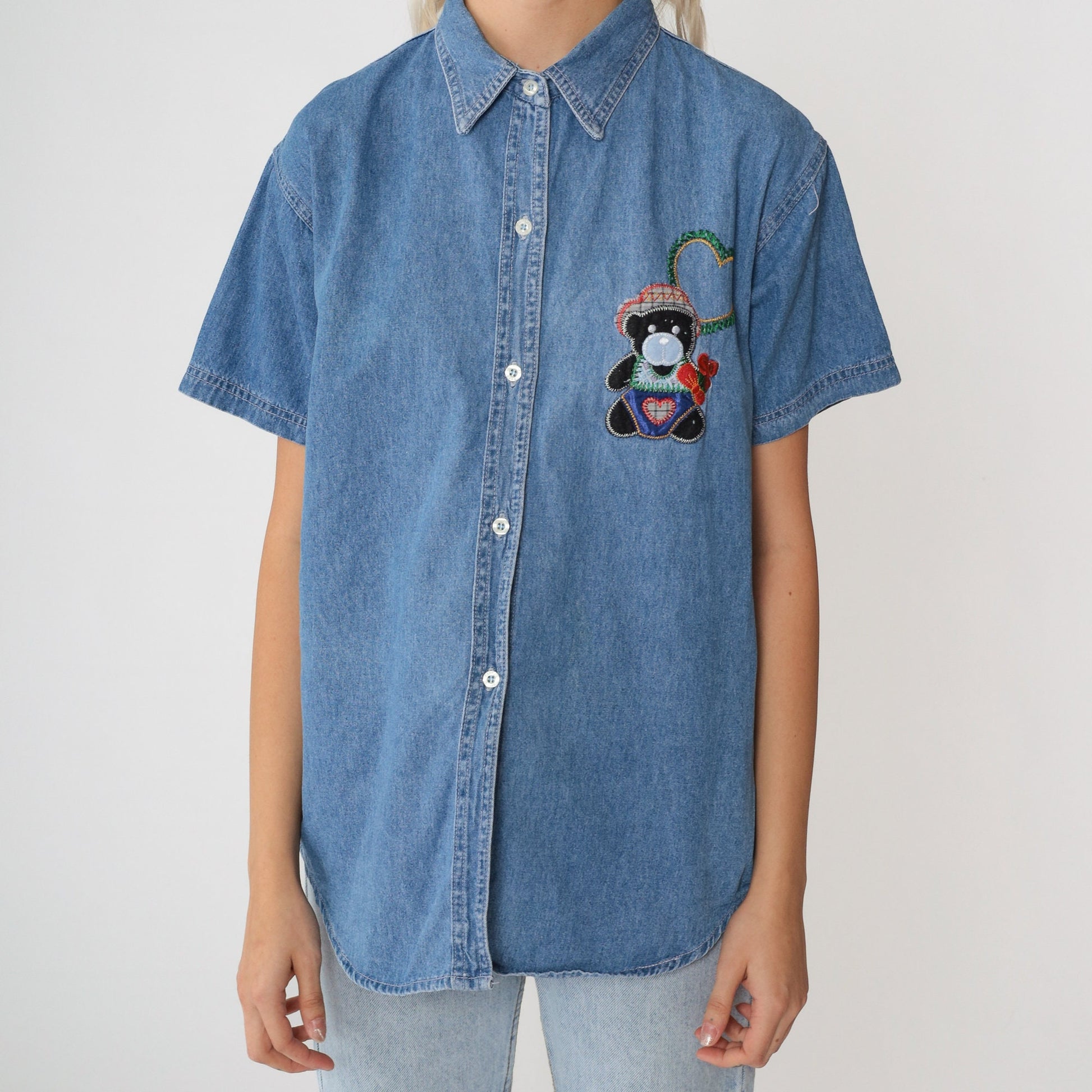 90s Cactus Clothing Denim Button Down Teddy Bear Heart Embroidered Shirt Medium