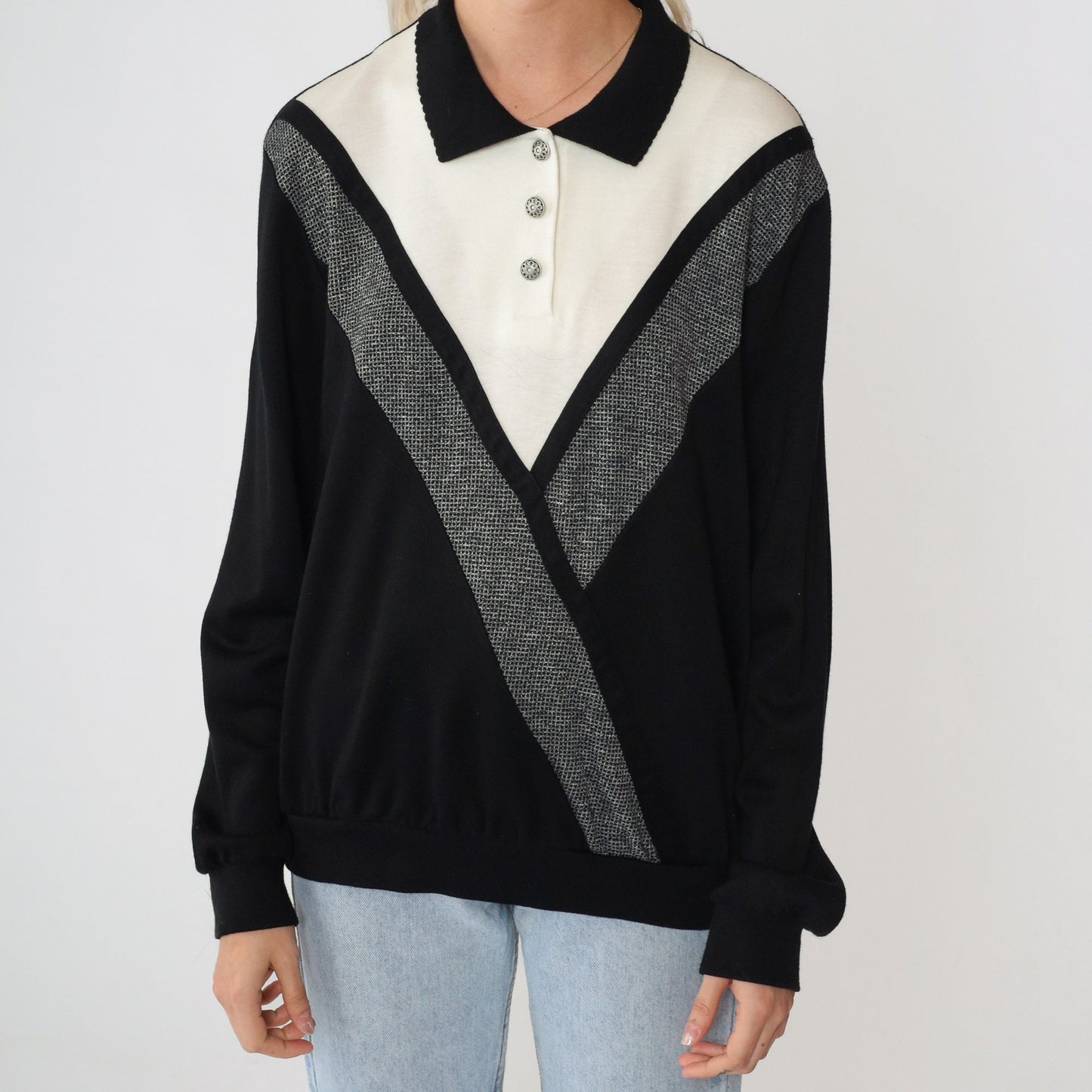 90s Alfred Dunner Colour Block Chevron Sweatshirt Black White Large L