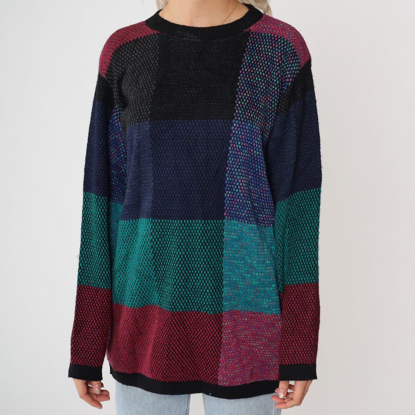 90s Alfred Dunner Color Block Crewneck Sweater Black Green Blue Small