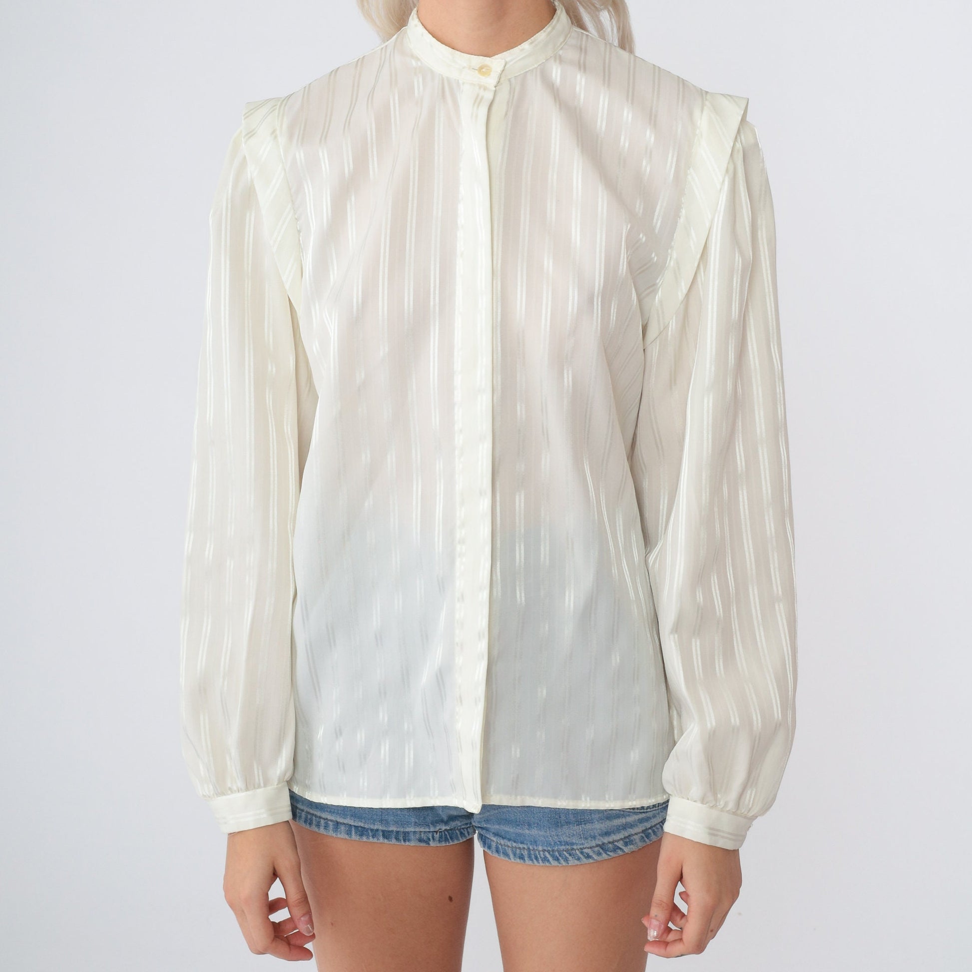 80s Levi's Bend Over Cream Blouse Puff Sleeve Hidden Button Striped Large