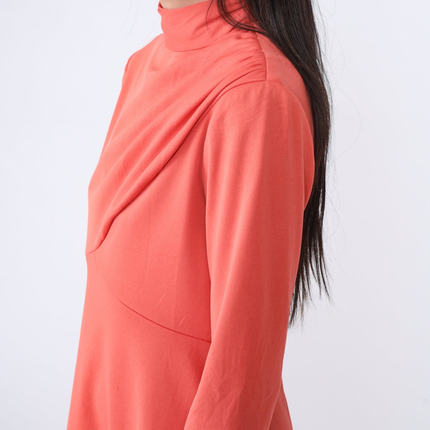 70s Orange Empire Waist Mock Neck Mini Dress Long Sleeve Medium