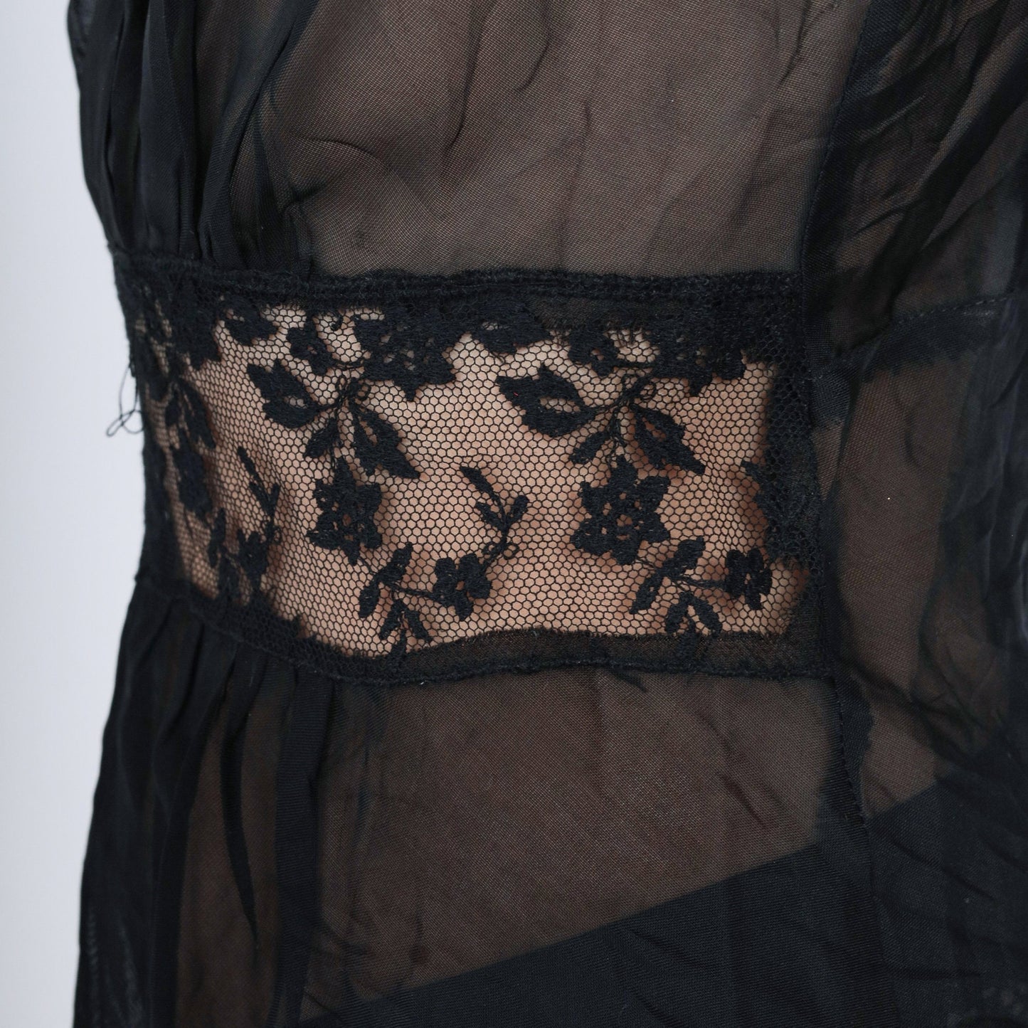 60s Black Lace Slip Dress Low V-Neck Nightgown Small S