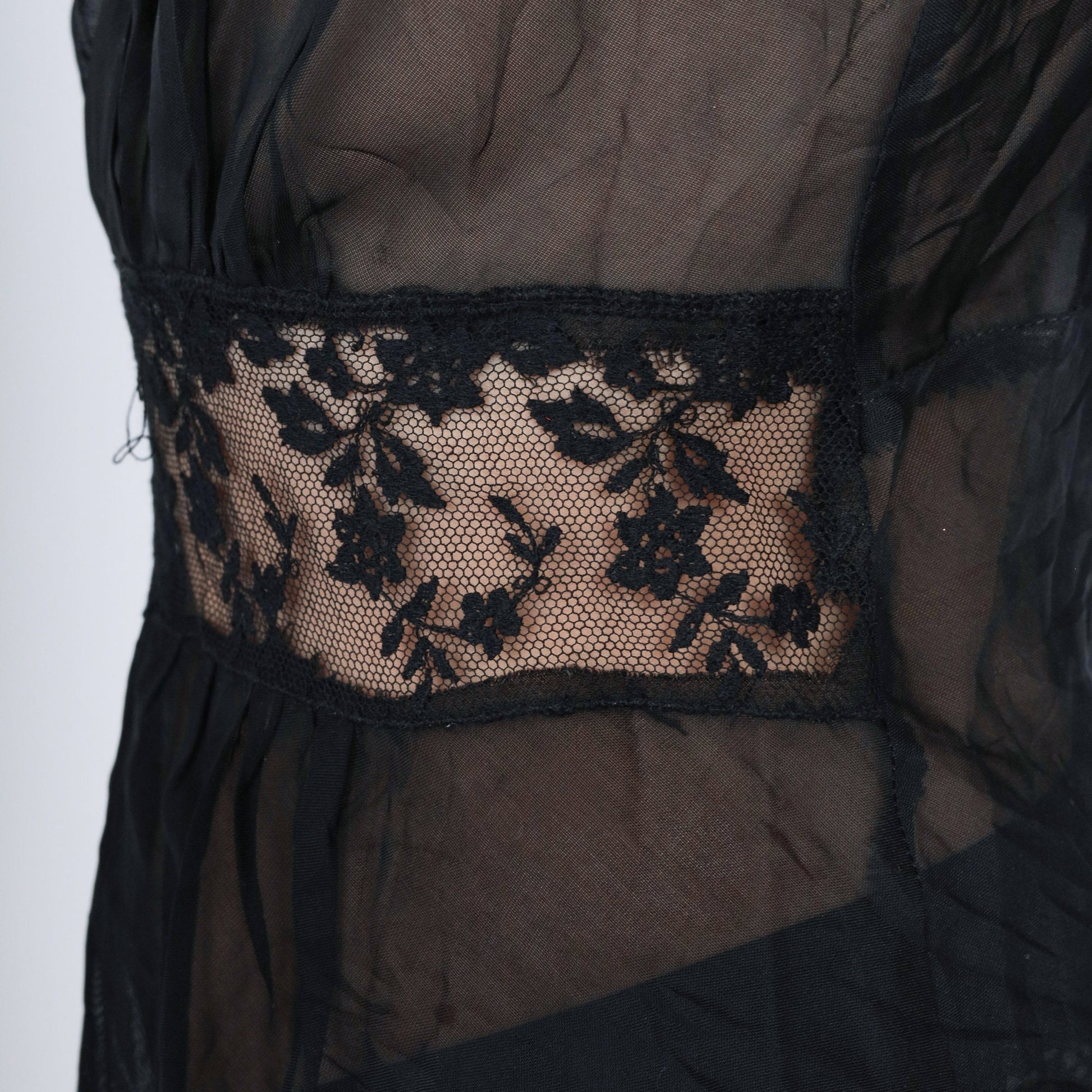 60s Black Lace Slip Dress Low V-Neck Nightgown Small S