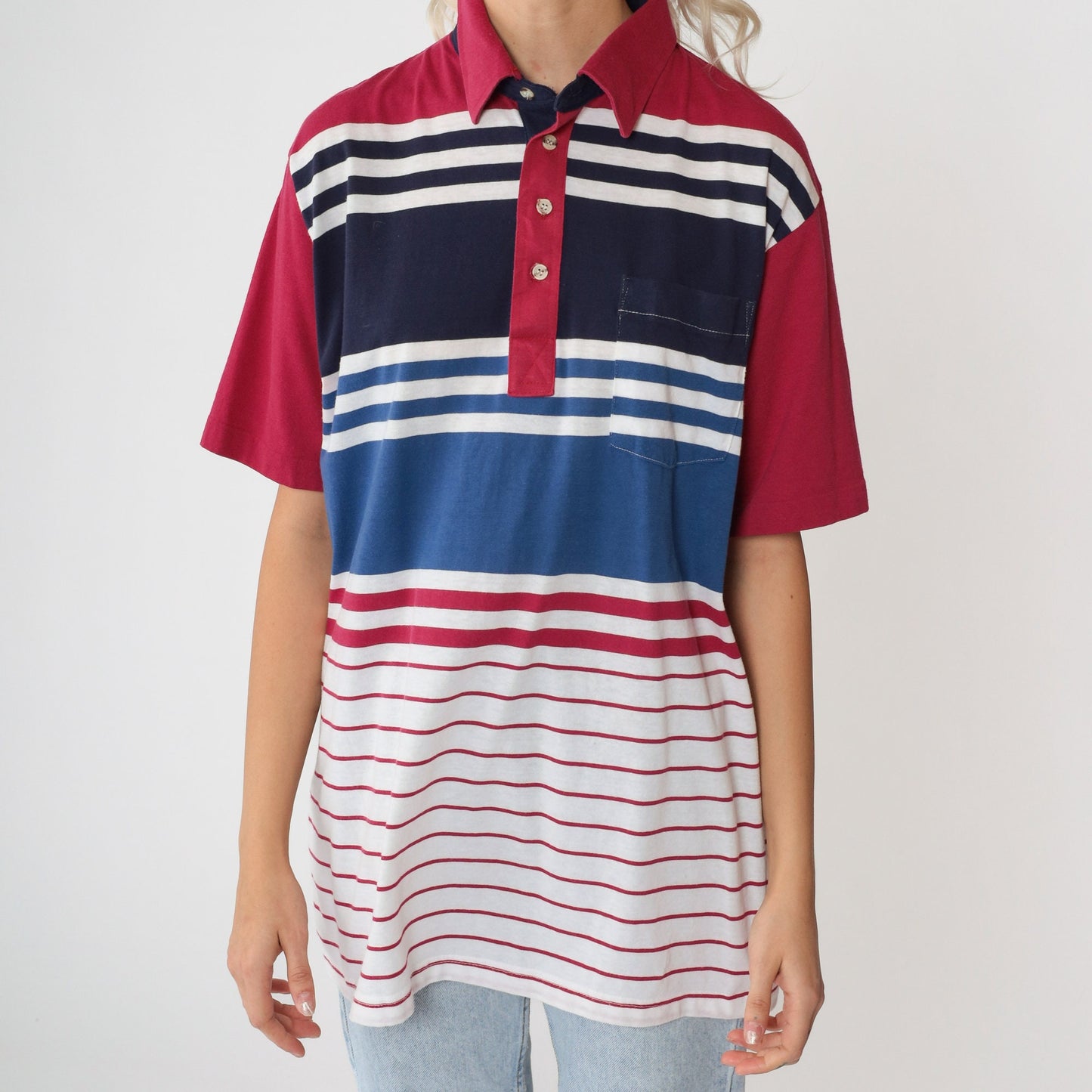 90s Striped Polo Shirt Raspberry Red Navy White Collared Cotton Large