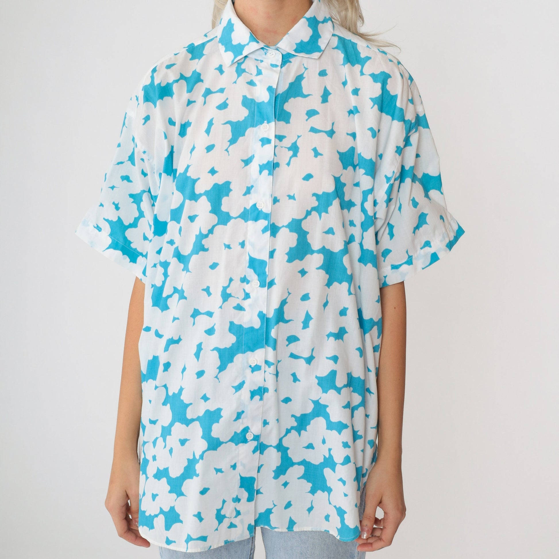 90s Diane Von Furstenberg Abstract Floral Button-Up Blouse White Blue Medium