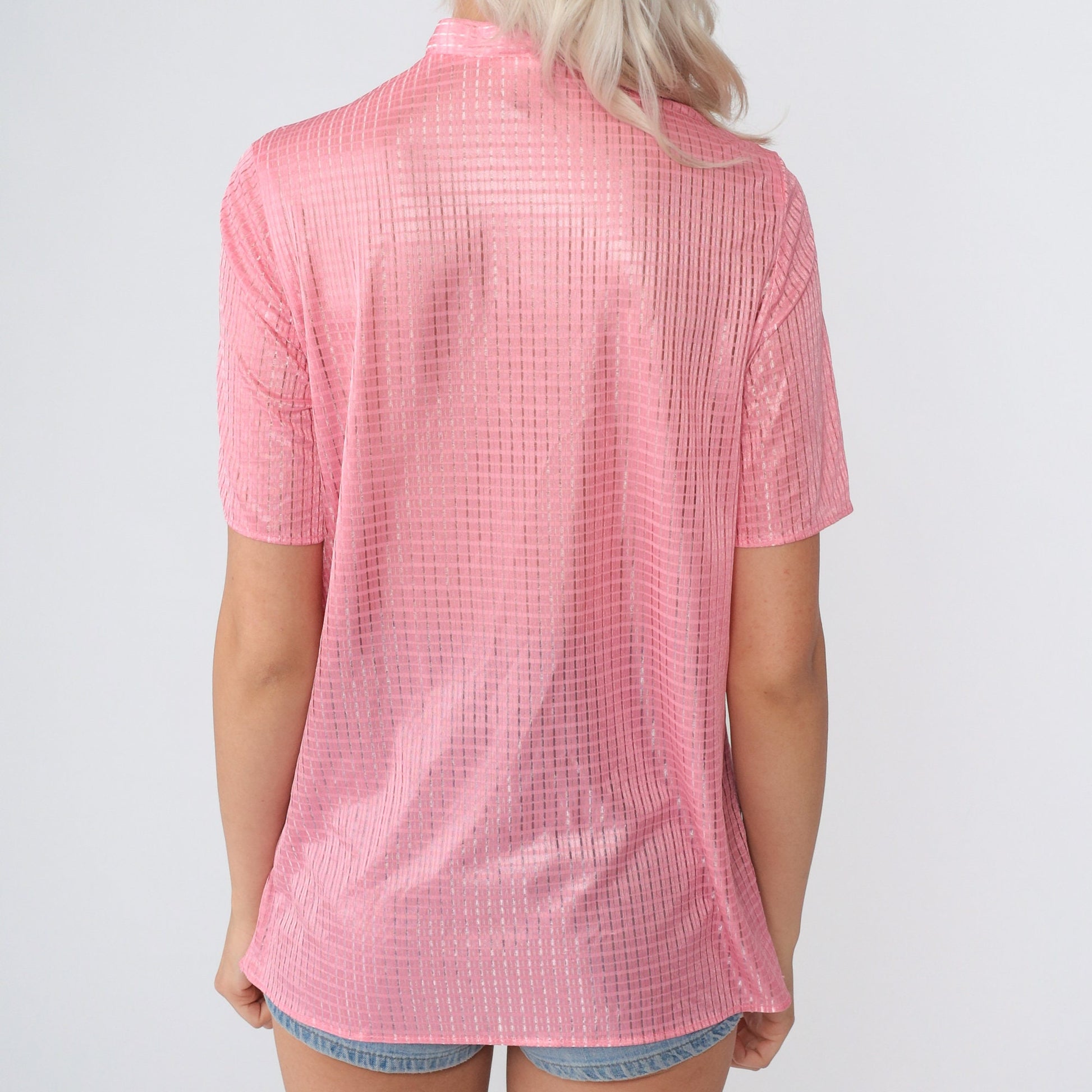 70s Pink Checkered Mandarin Collar Blouse Shiny Half-Button Short Sleeve Small