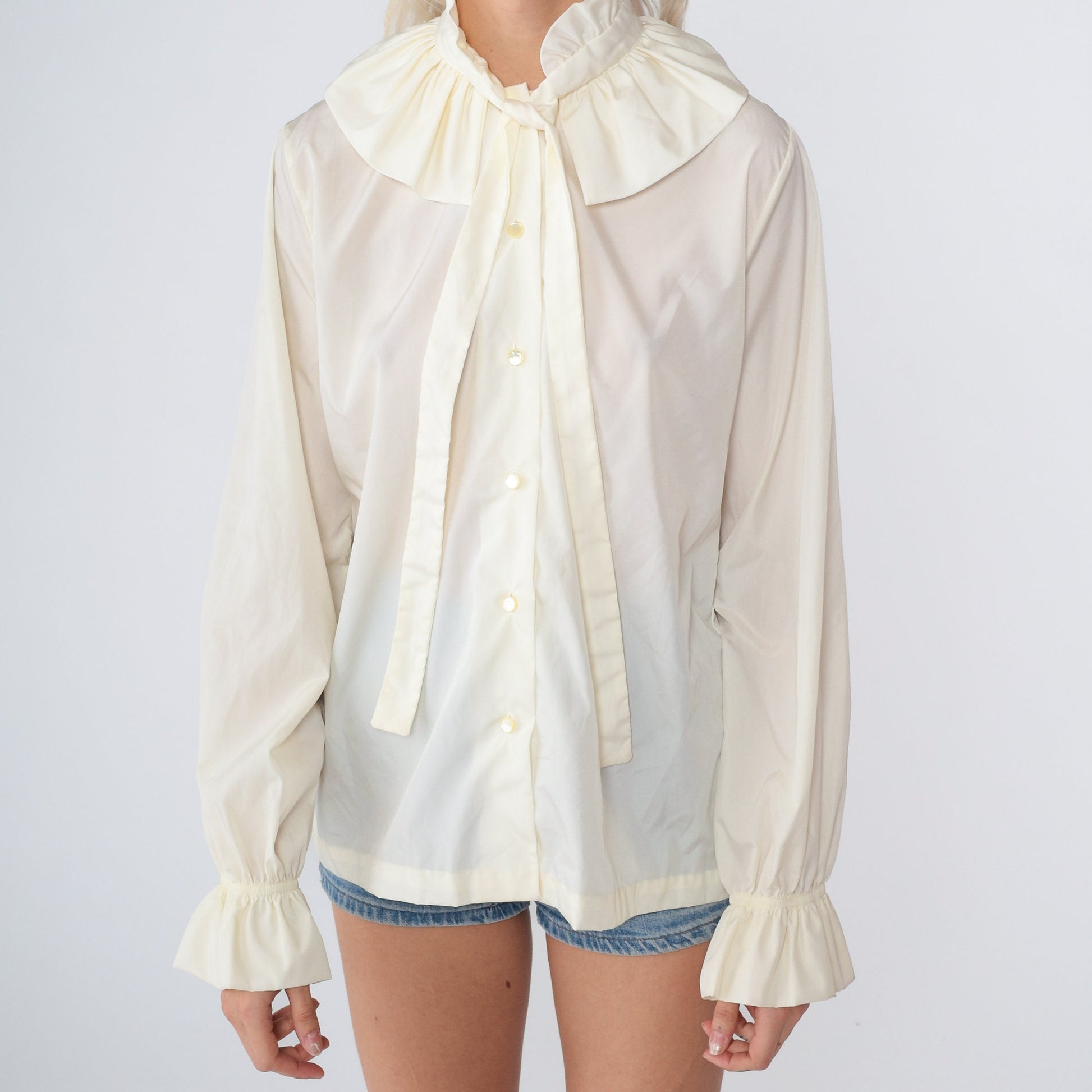 70s Ruffled Necktie Blouse Off-White High Neck Button-Up Long Sleeve Medium