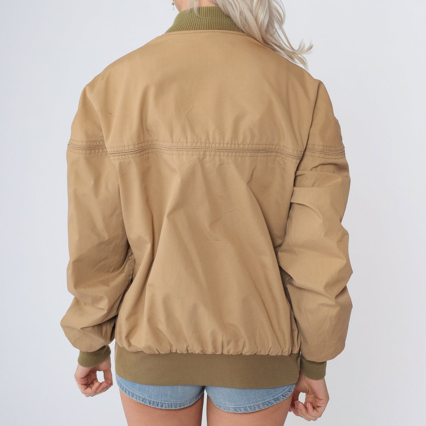 70s Tan Bomber Jacket Zip-Up Plaid Flannel Lining Small