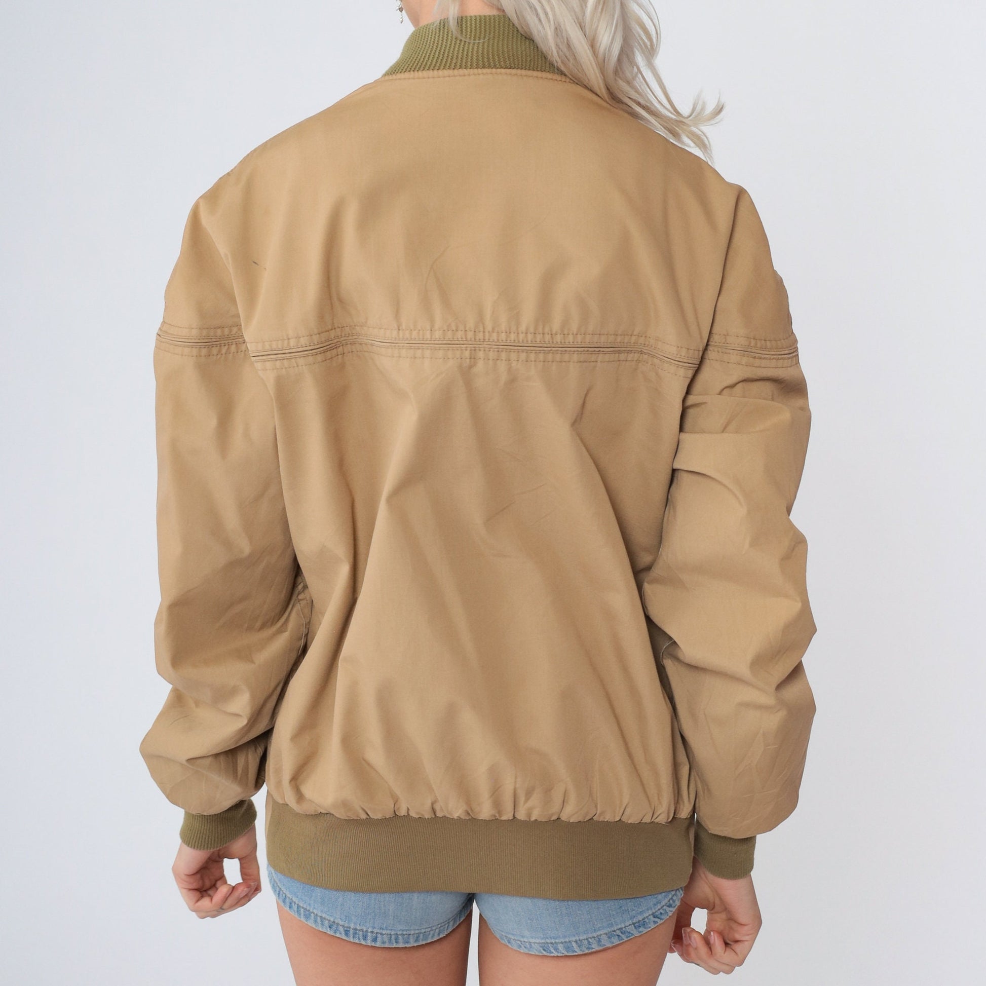 70s Tan Bomber Jacket Zip-Up Plaid Flannel Lining Small