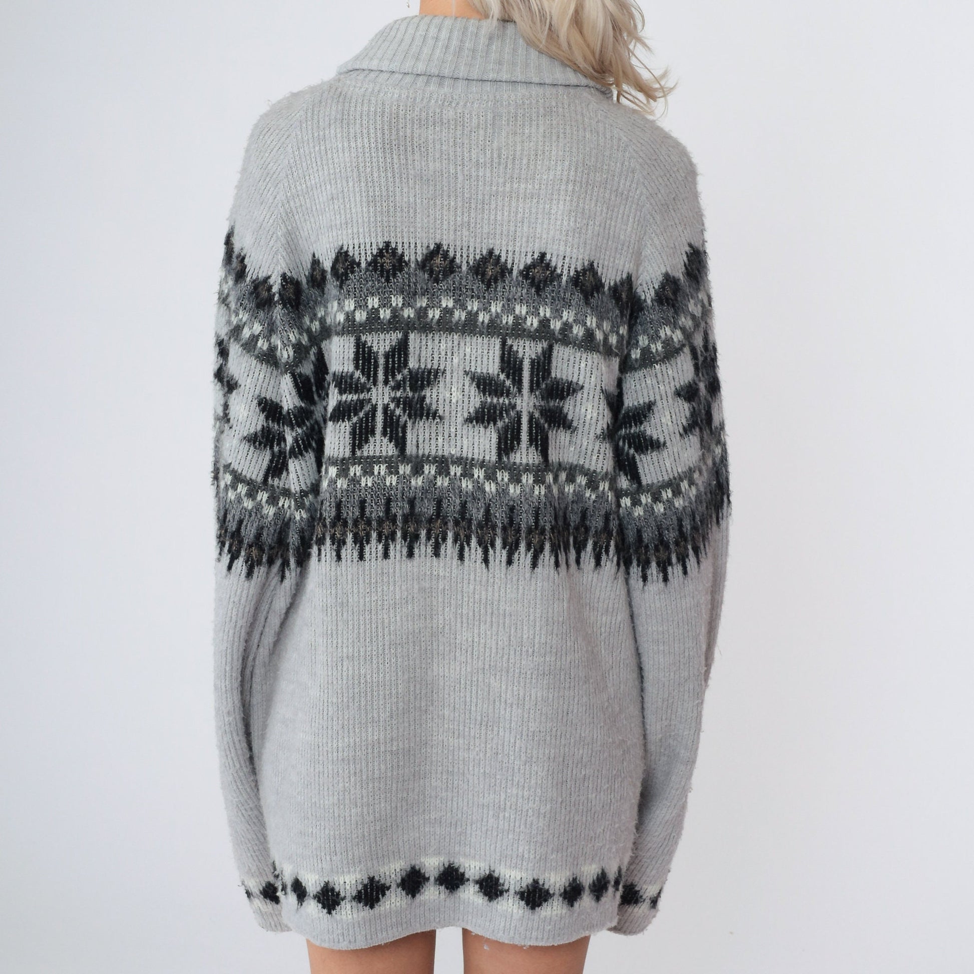 80s London Fog Nordic Snowflake Cardigan Grey Zip-Up Knit Large Tall