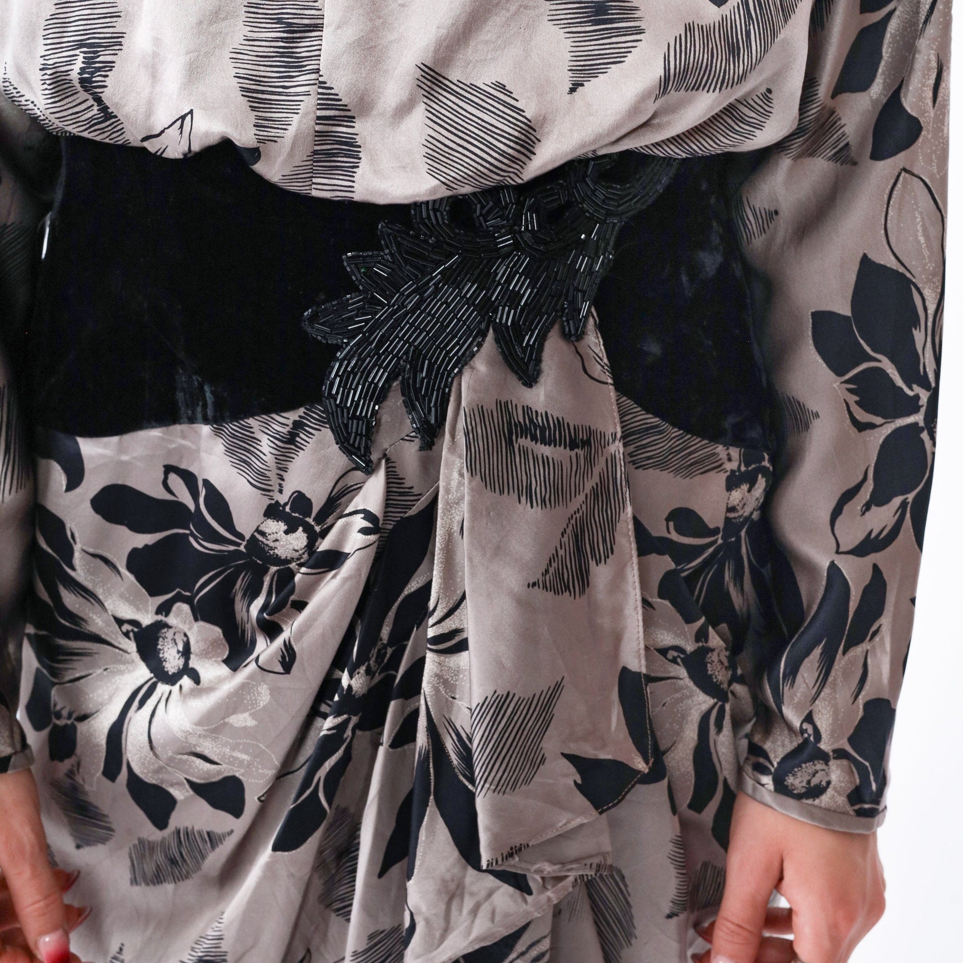 80s Silk Studio Floral Midi Dress Taupe Black Velvet Beaded Small 6