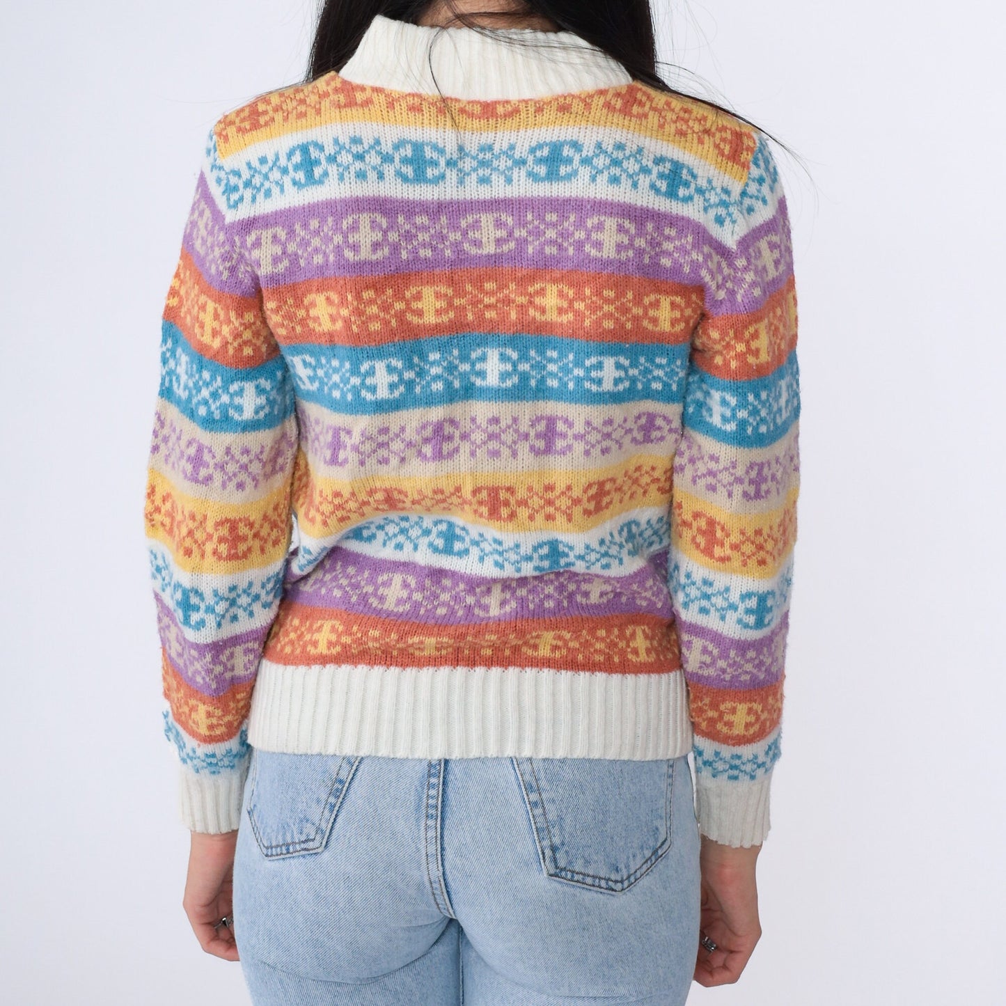 80s Nordic Snowflake Fair Isle Shawl Collar Sweater Purple Blue Cream Extra Small