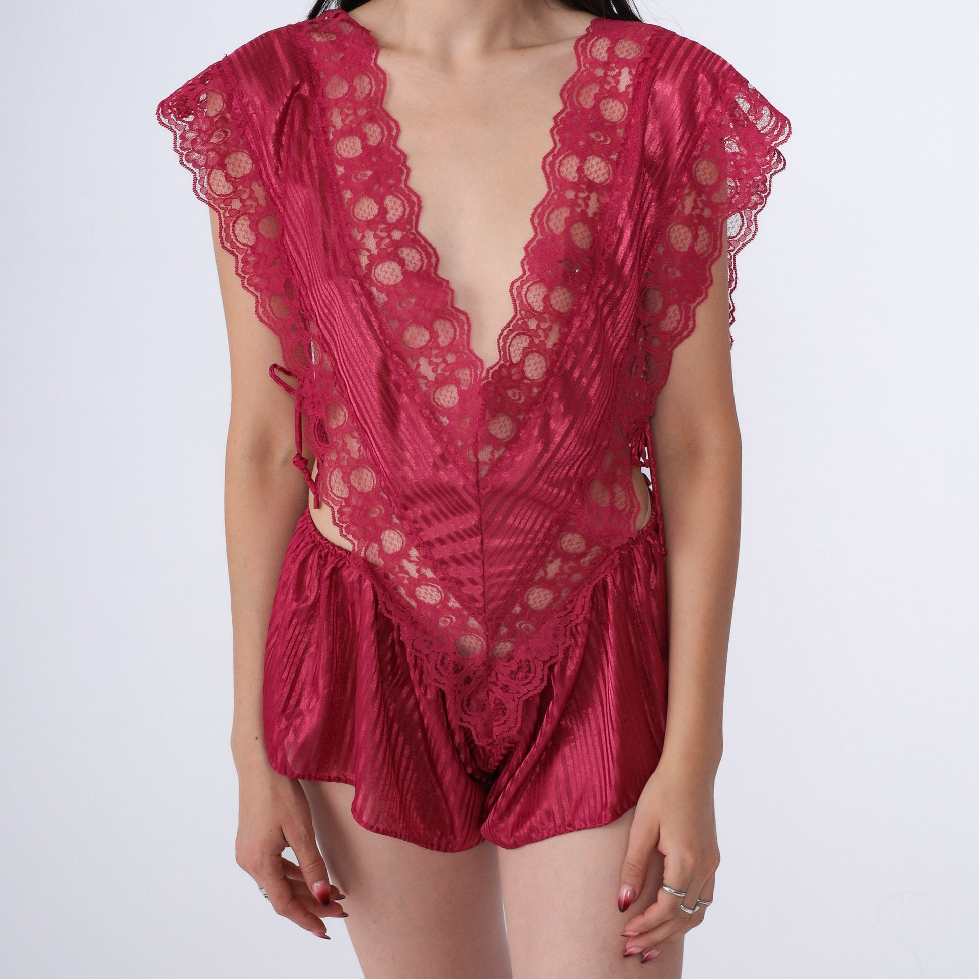 80s Raspberry Red Lace Teddy Lingerie Deep V Neck Bodysuit Extra Large XL