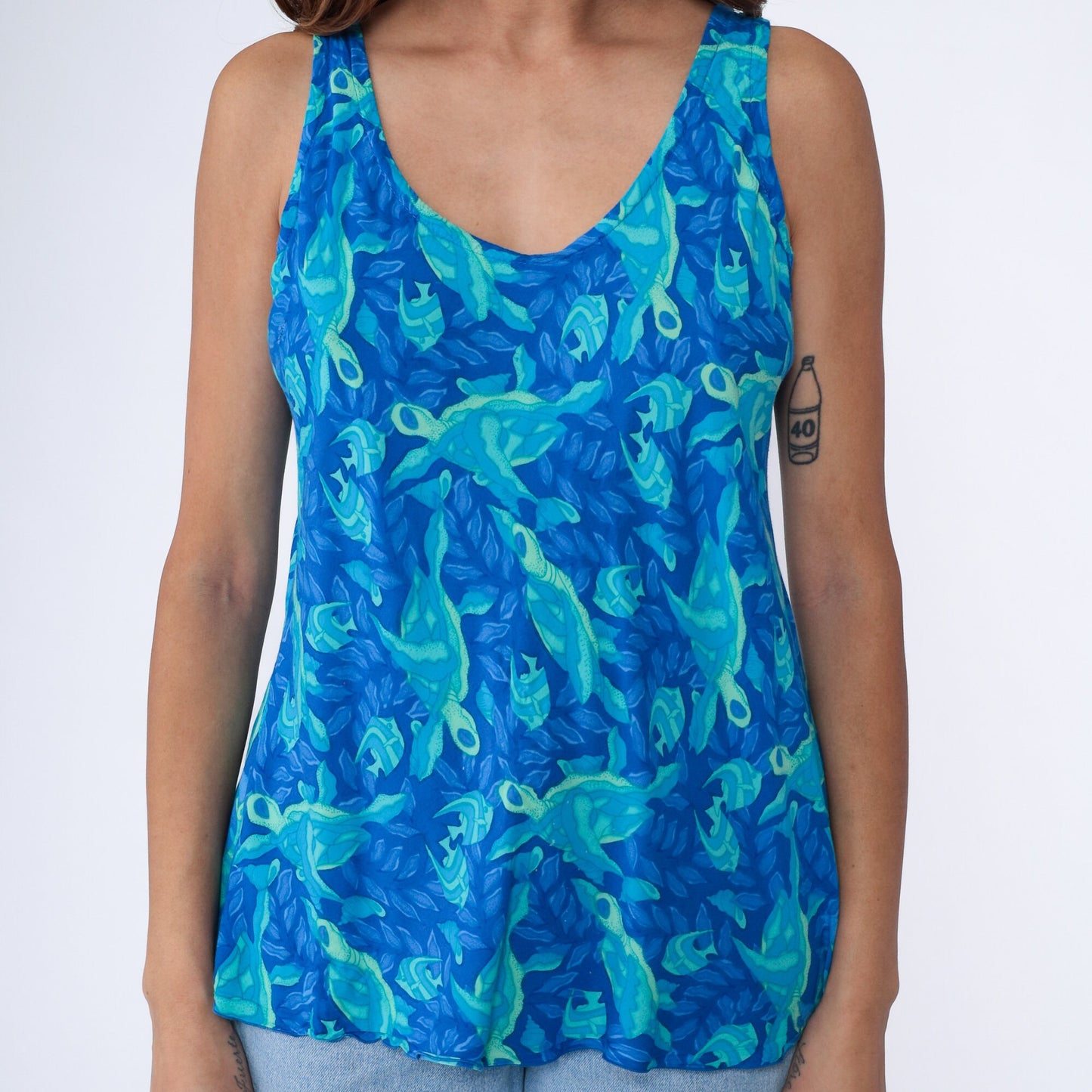 00s Sea Turtle Tropical Fish Tank Top Blue Rayon All Over Print Medium M