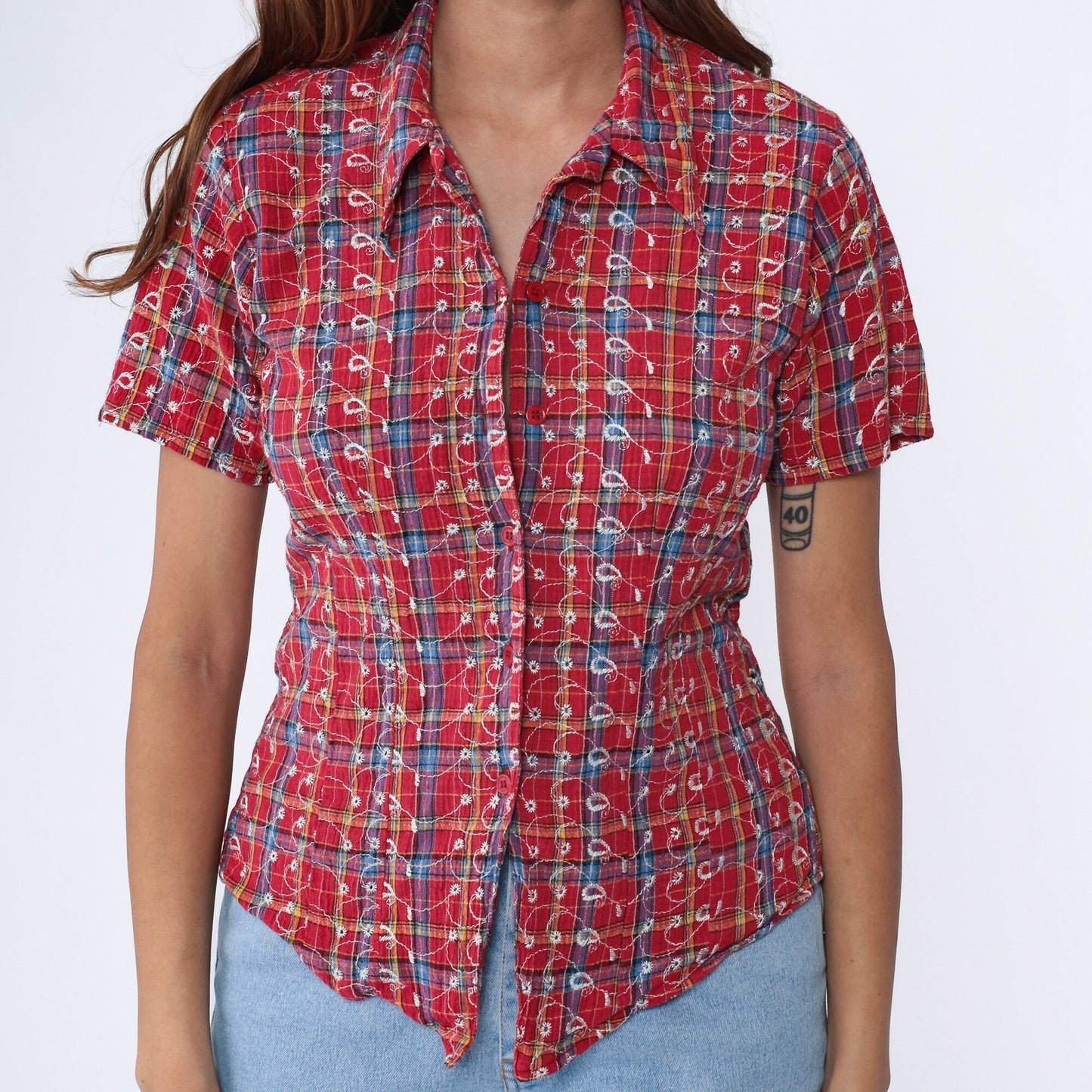 90s I Am Plaid Blouse Red Embroidered Button Up Shirt Short Sleeve Small