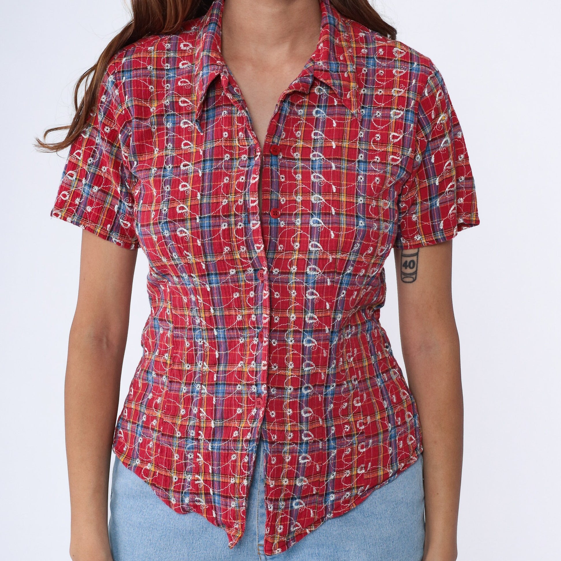 90s I Am Plaid Blouse Red Embroidered Button Up Shirt Short Sleeve Small
