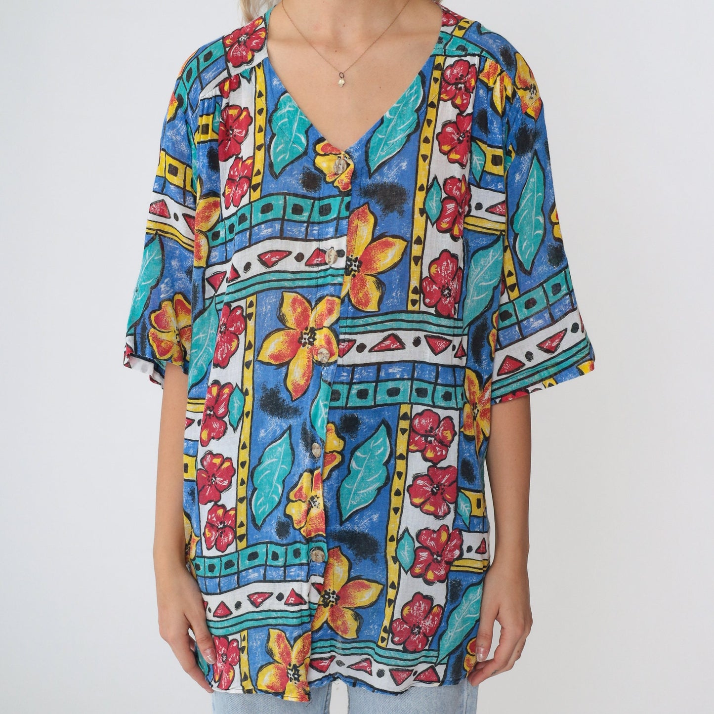 90s Copy Cats Floral Abstract Geometric Print Button Up Blouse Large L