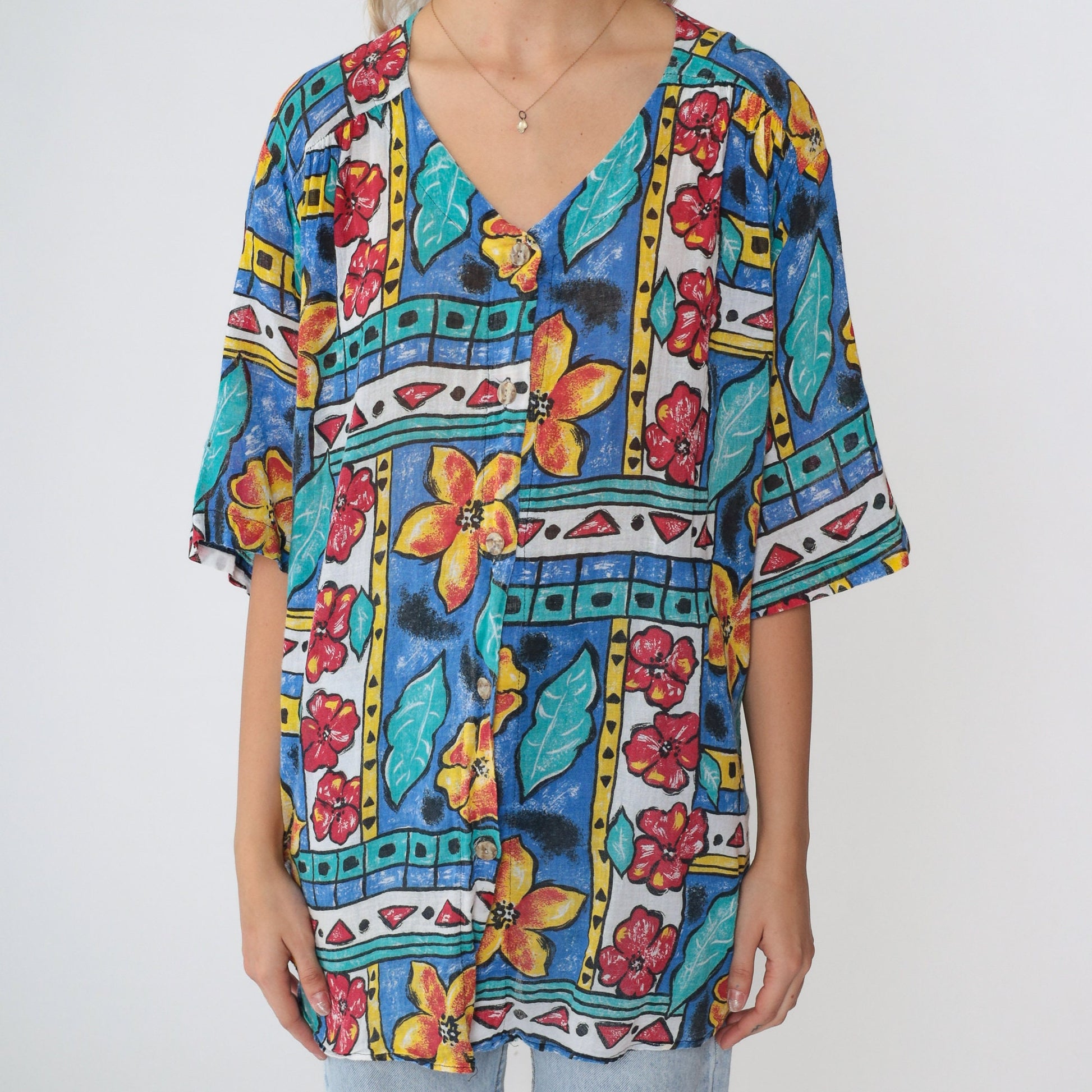 90s Copy Cats Floral Abstract Geometric Print Button Up Blouse Large L