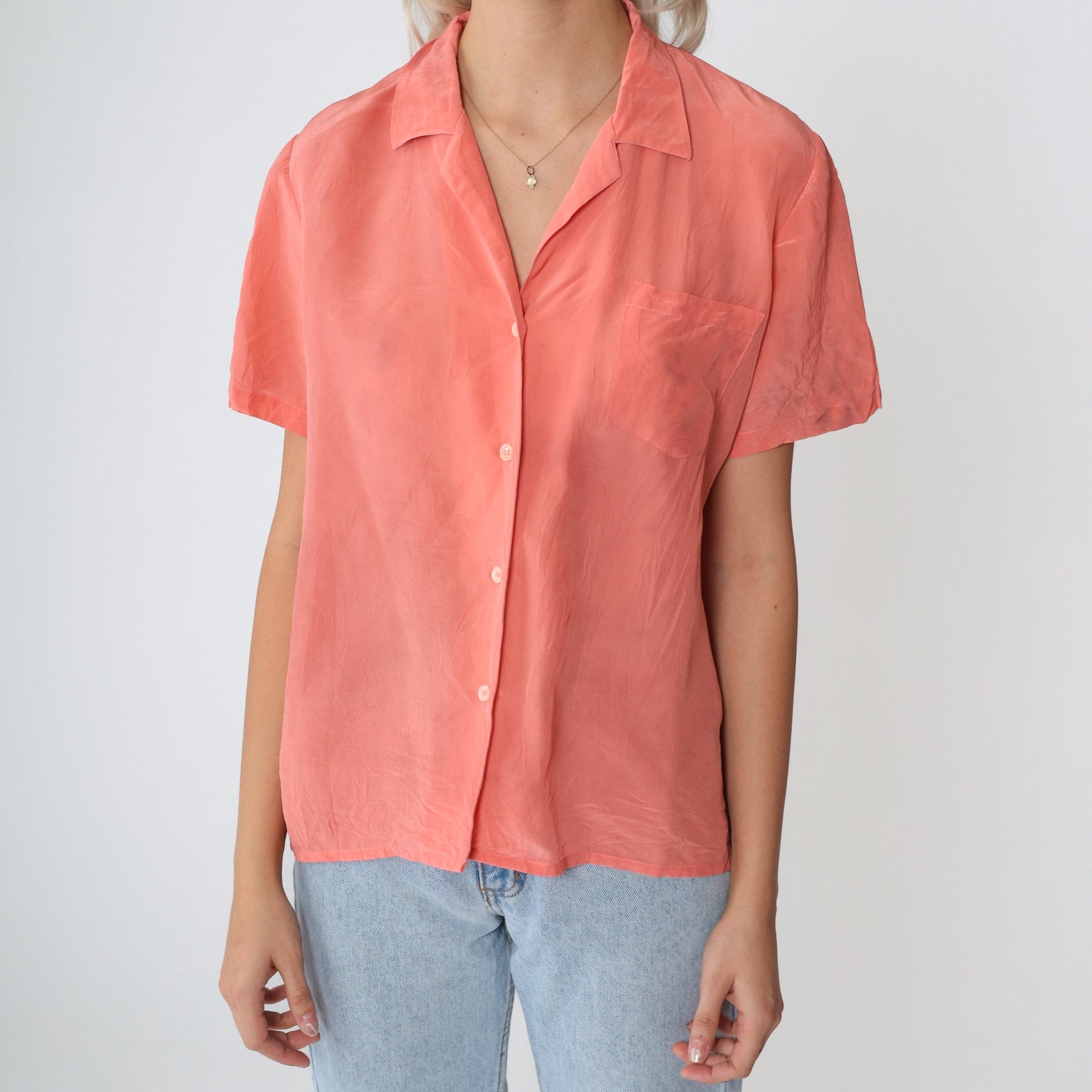 80s Nordstrom Silk Button-Up Blouse Peach Short Sleeve Chest Pocket Large L