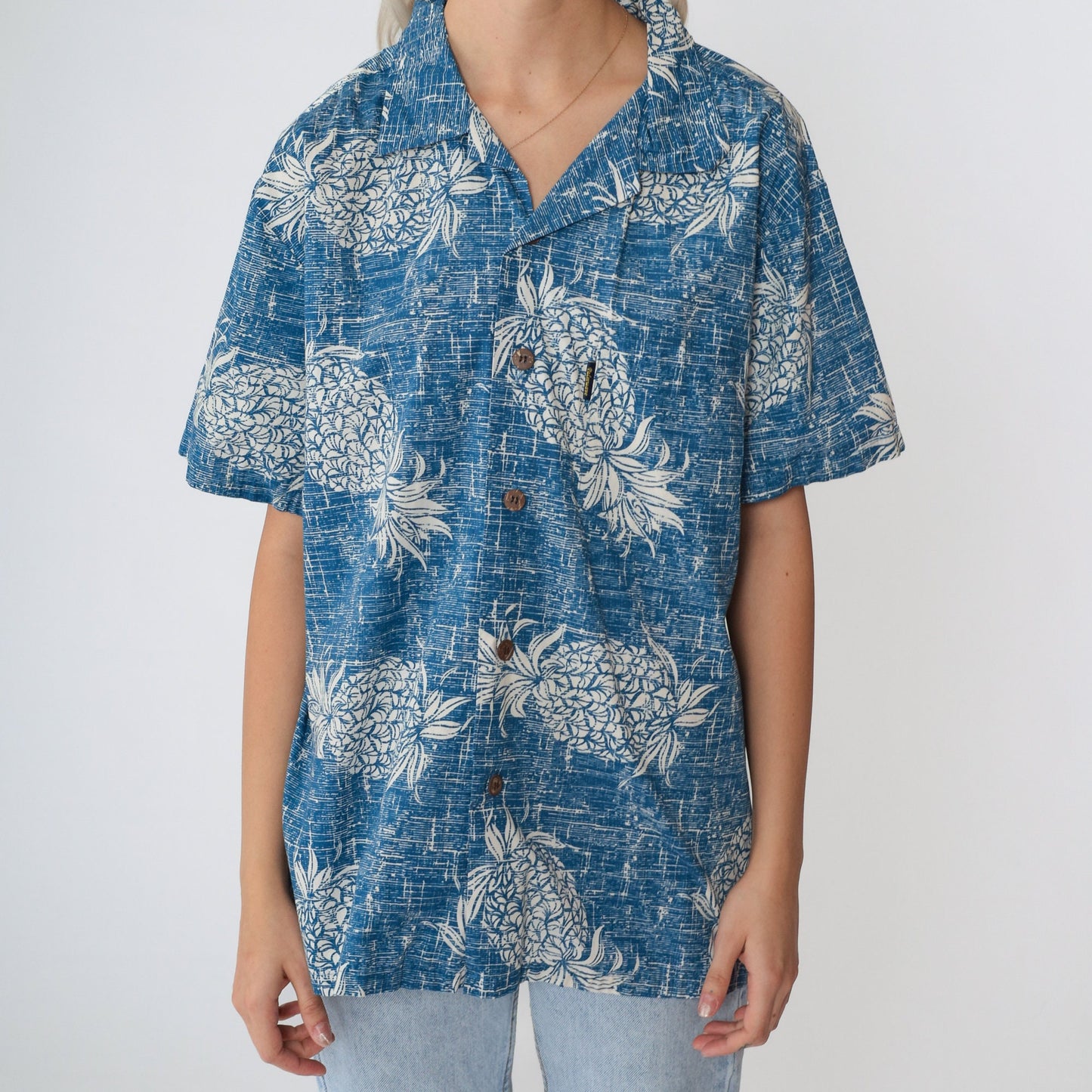 Y2K Pineapple Print Hawaiian Shirt Blue Button Up Men's Medium
