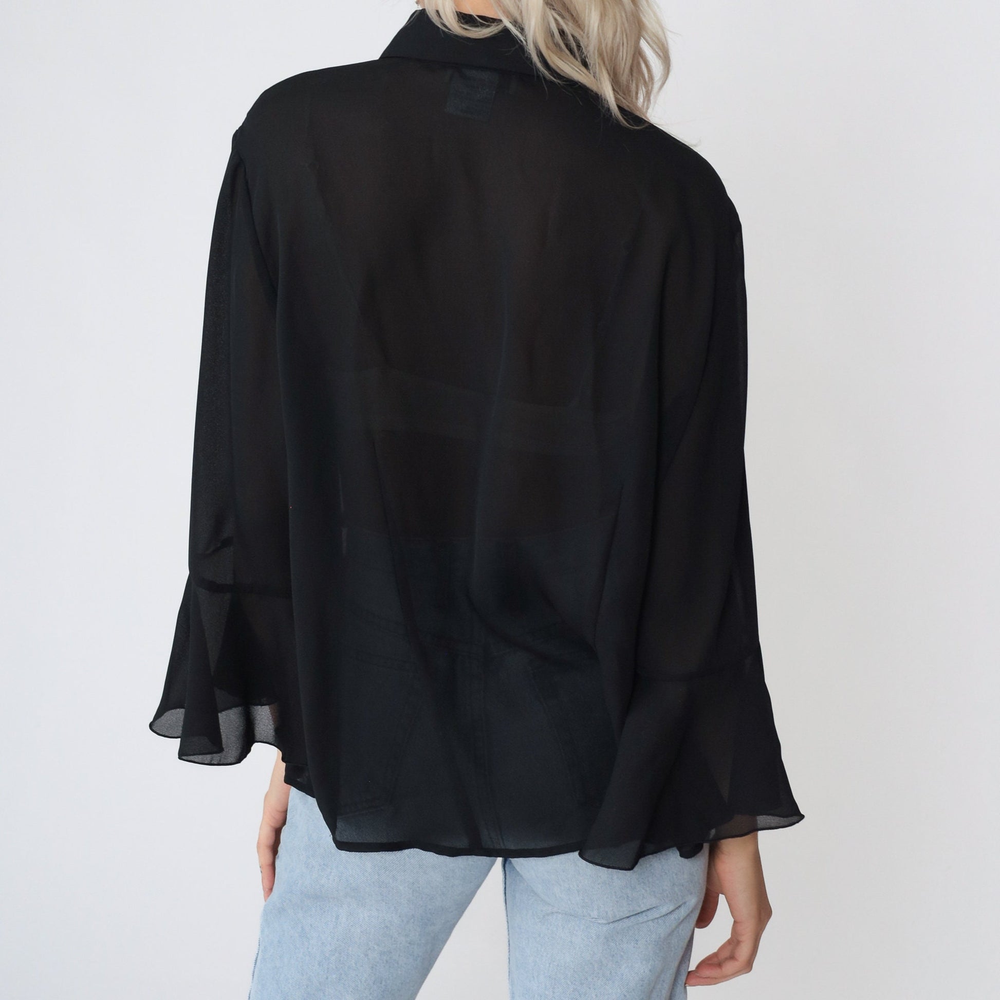 90s Black Sheer Button-Up Blouse Flounce Angel Bell Sleeve Large