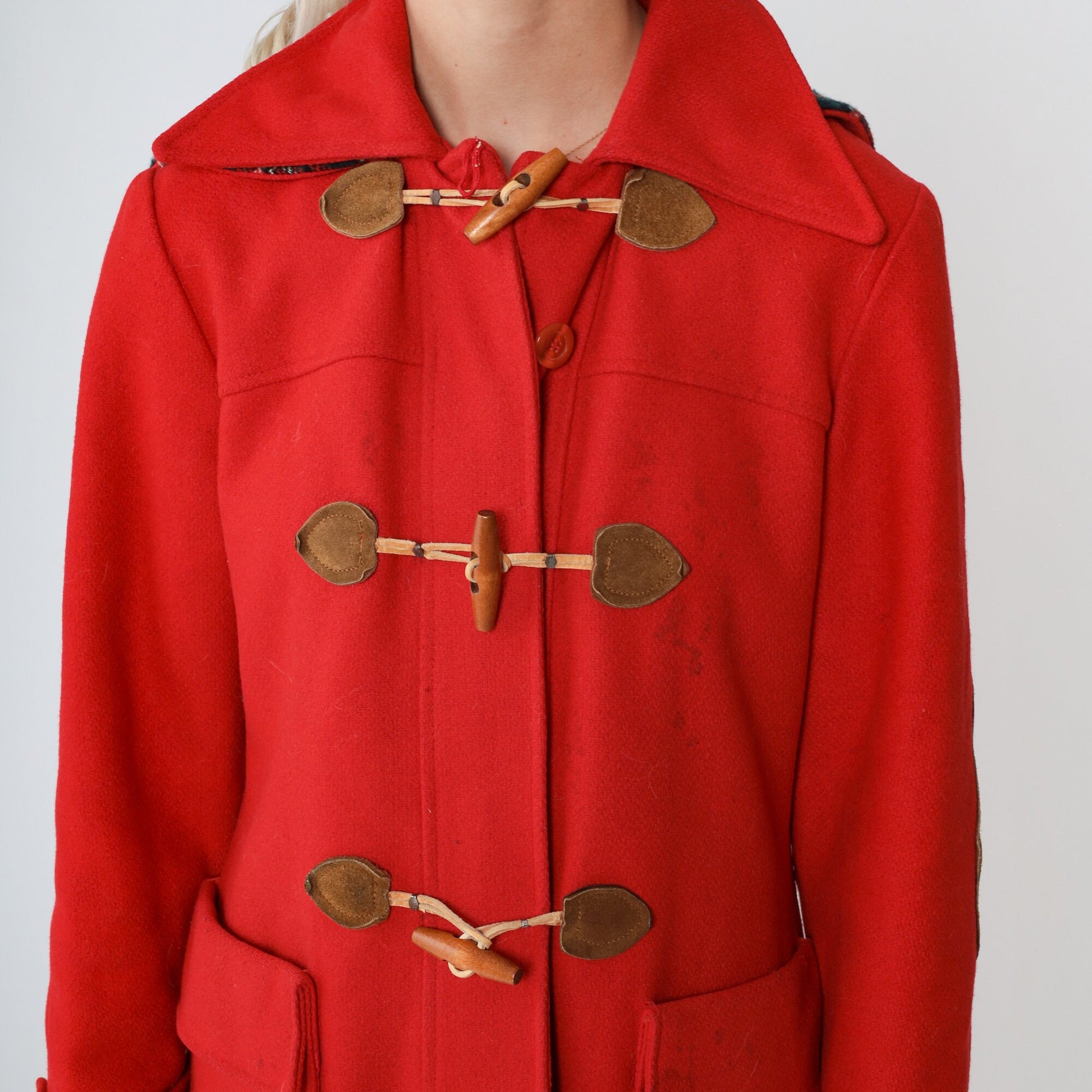 70s Red Wool Trench Coat Toggle Buttons Hood Elbow Patches Small