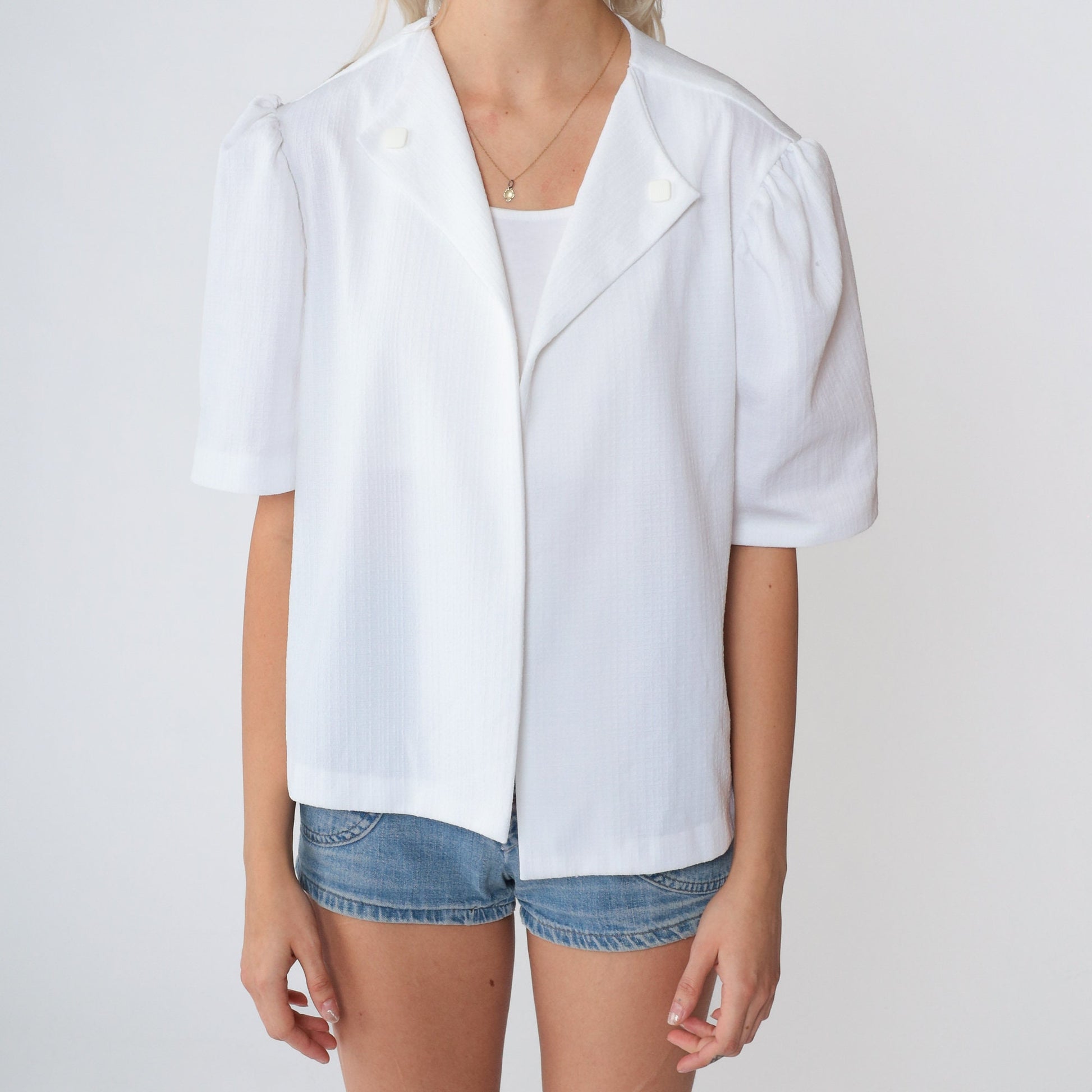 70s White Puff Sleeve Open Front Blouse Extra Large XL