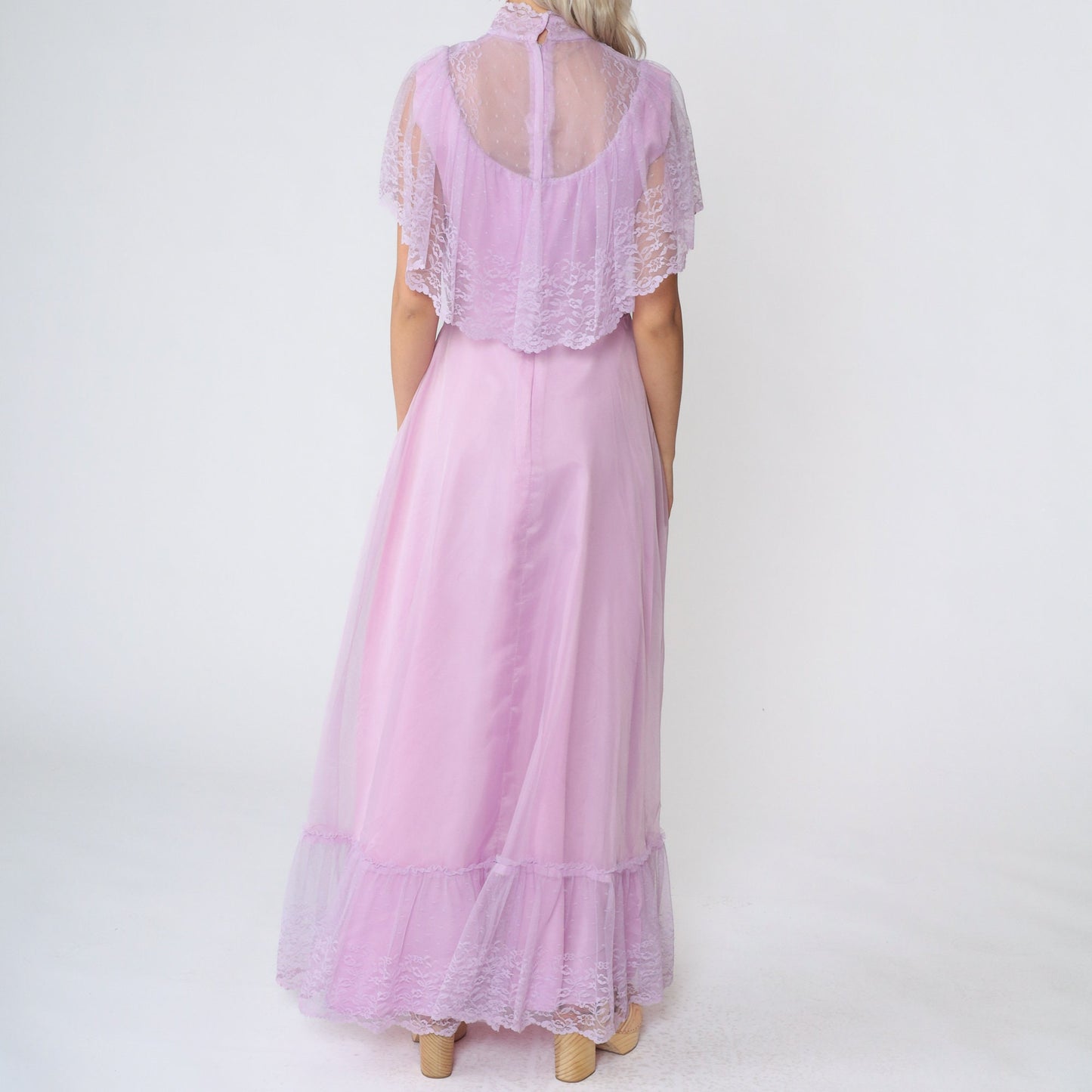 70s Purple Lace Bib Maxi Gown High Neck Tiered Skirt Small