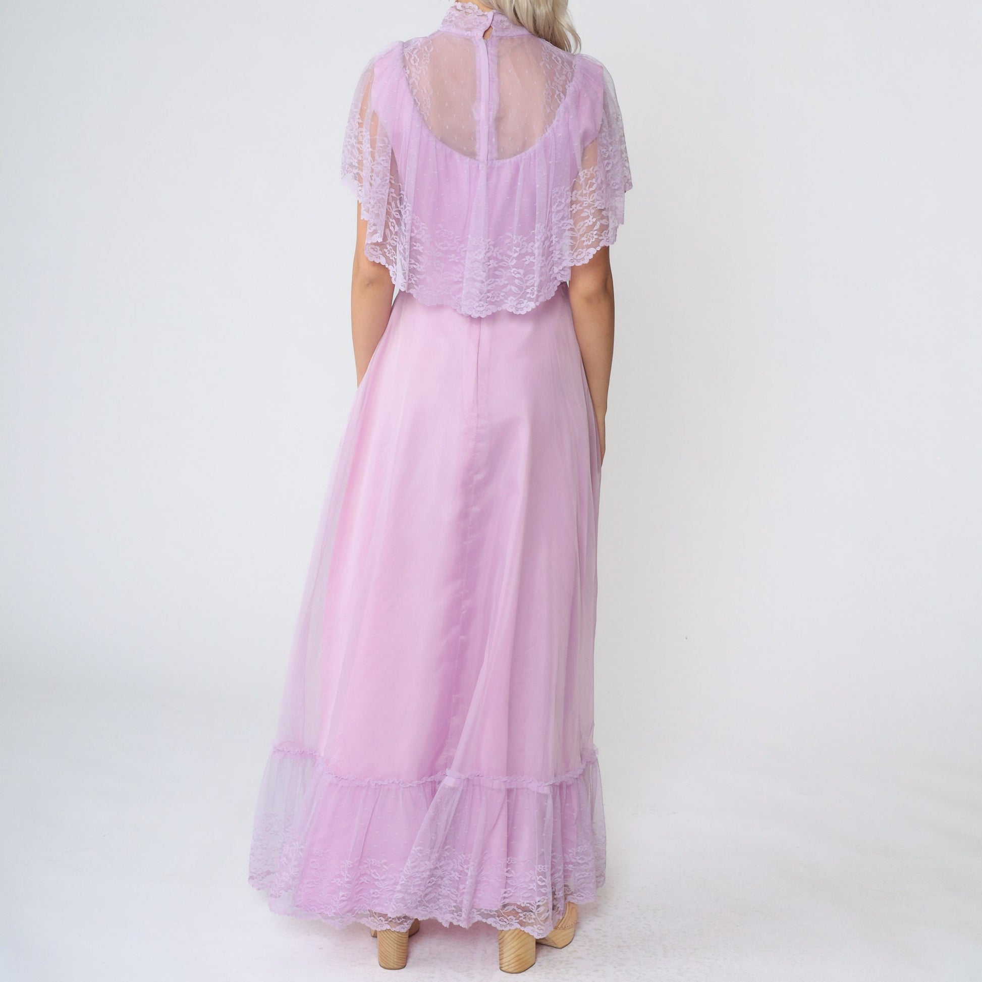 70s Purple Lace Bib Maxi Gown High Neck Tiered Skirt Small