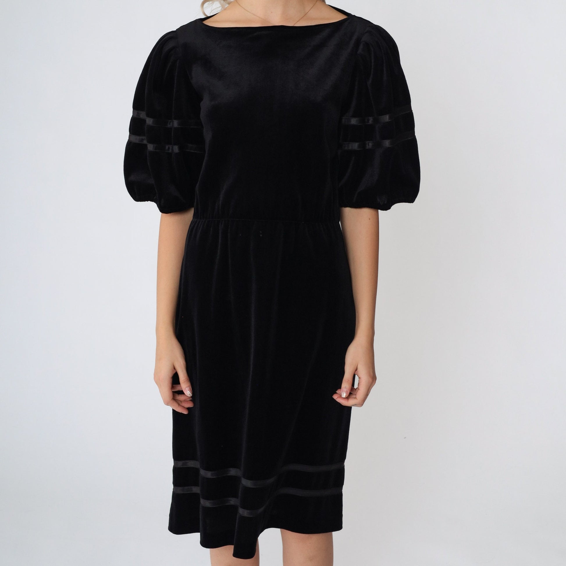 80s Black Velvet Midi Dress Puff Sleeve High Waist Ribbon Trim Small