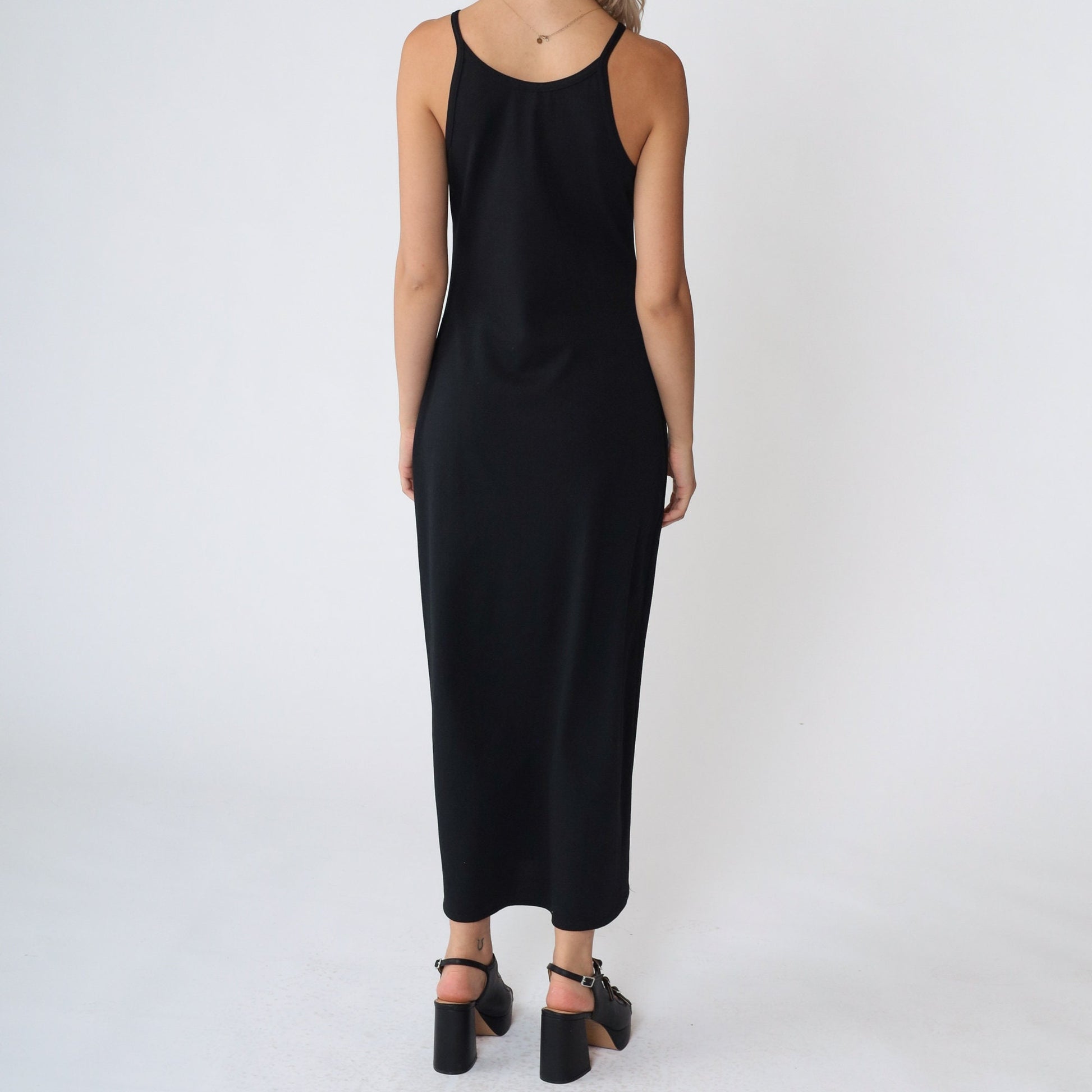 90s Black Maxi Dress Blue Asymmetrical Stripes High Neck Sleeveless Small